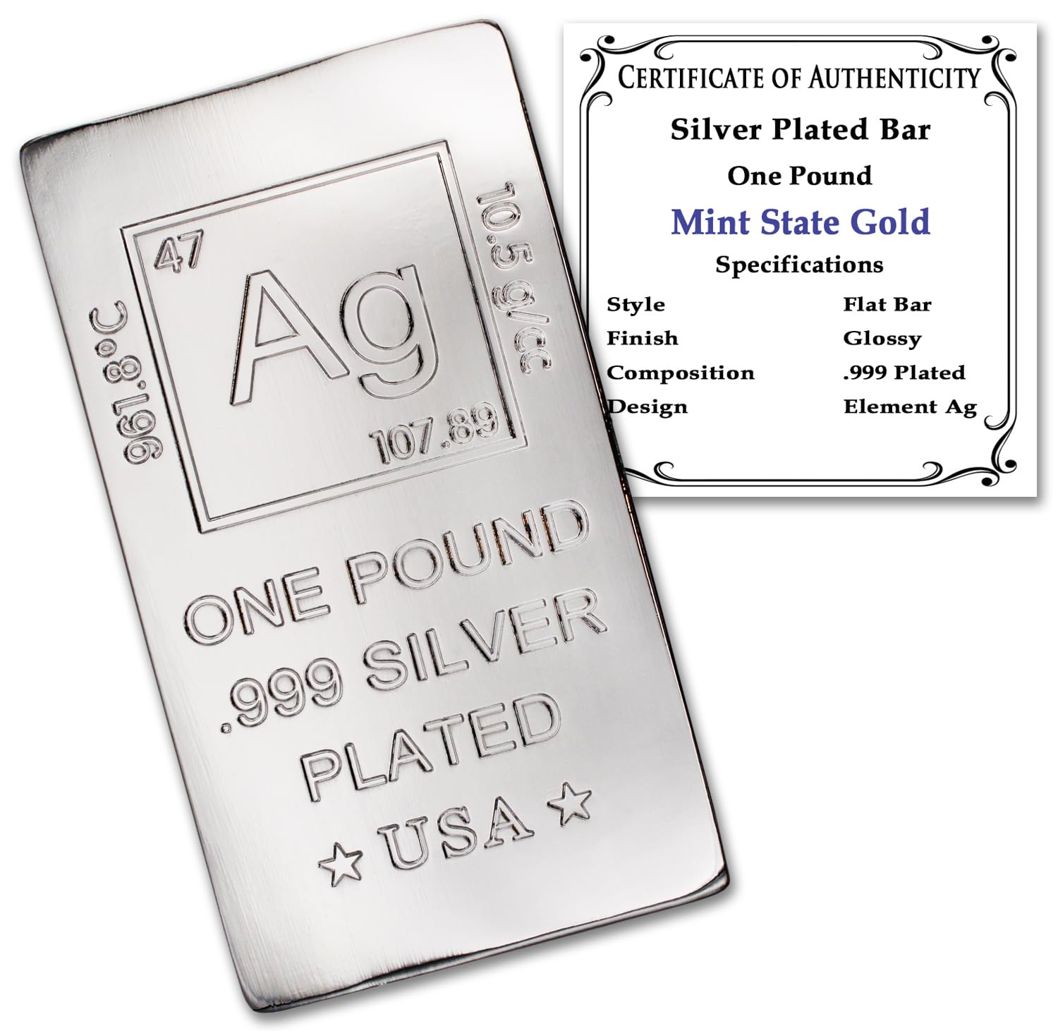 1 lb Silver Plated Bar (Flat Style) .999 Pure Paperweight - Element Design with Certificate of Authenticity