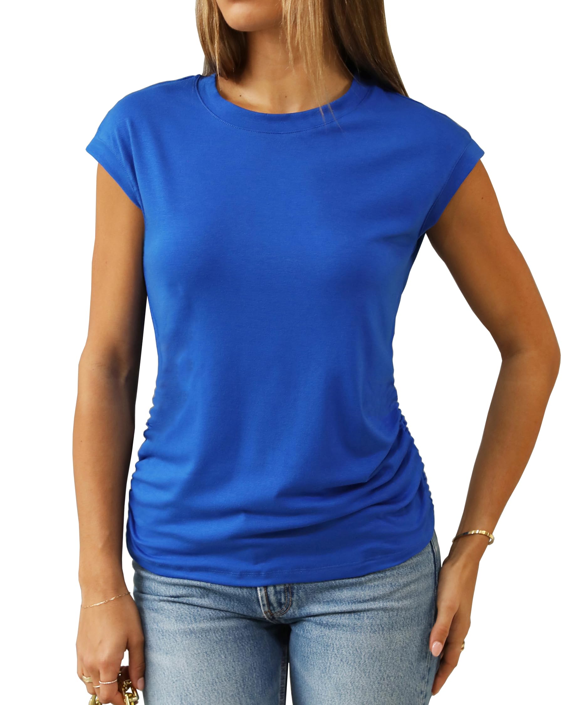 Abardsion Women's Trendy Going Out Tops 2025 Summer Clothes Elegant Cap Sleeve Crew Neck Loose Fit T Shirts