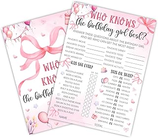 Who Knows The Birthday Girl Best, Pink Party Game Card Set, 4 * 6 inch, Pink Bow Theme Girls Sleepover Party Supplies, Girls Birthday Night Game Ideas, 20 Pieces