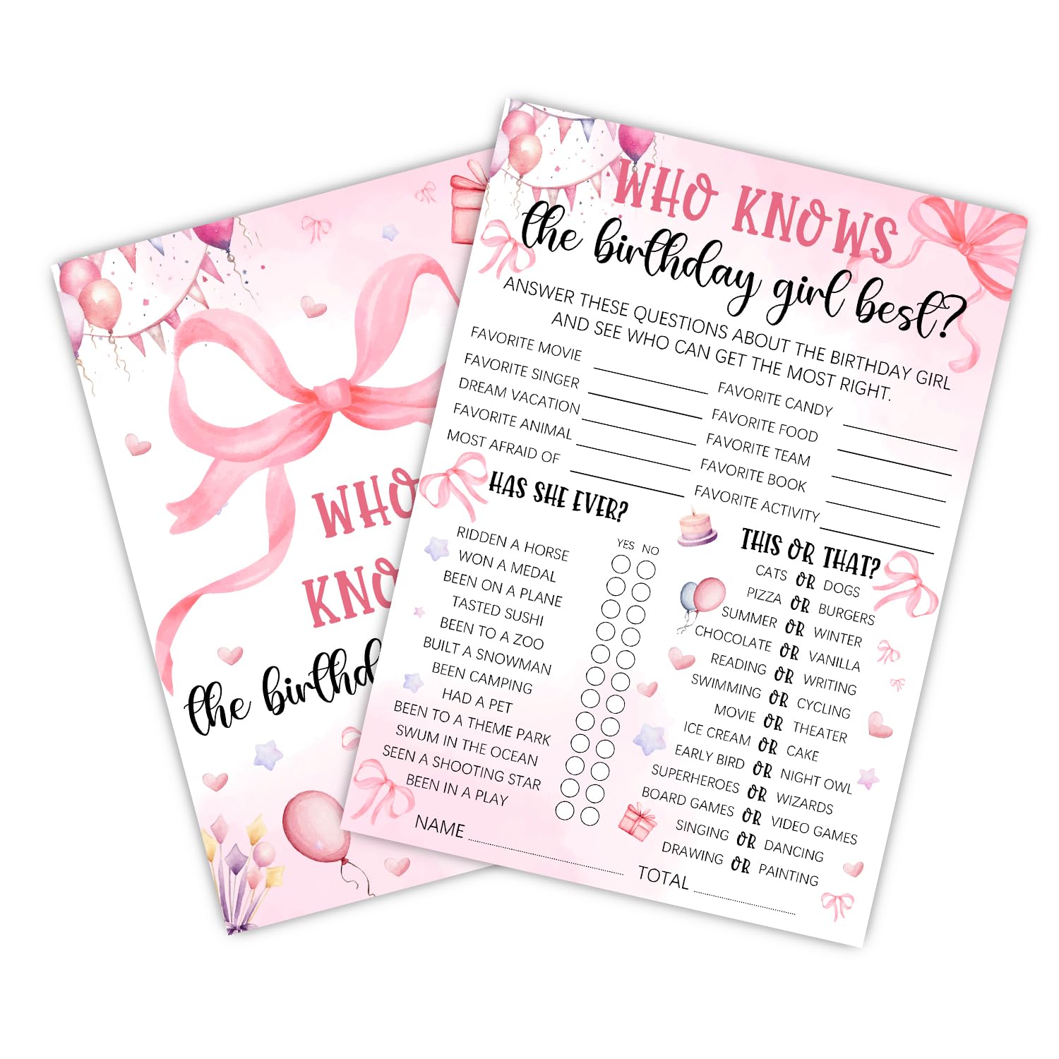 Who Knows The Birthday Girl Best 5x7 inches, Pink Party Game Card Set, Pink Bow Theme Girls Sleepover Party Supplies, Girls Birthday Night Game Ideas, 20 Pieces