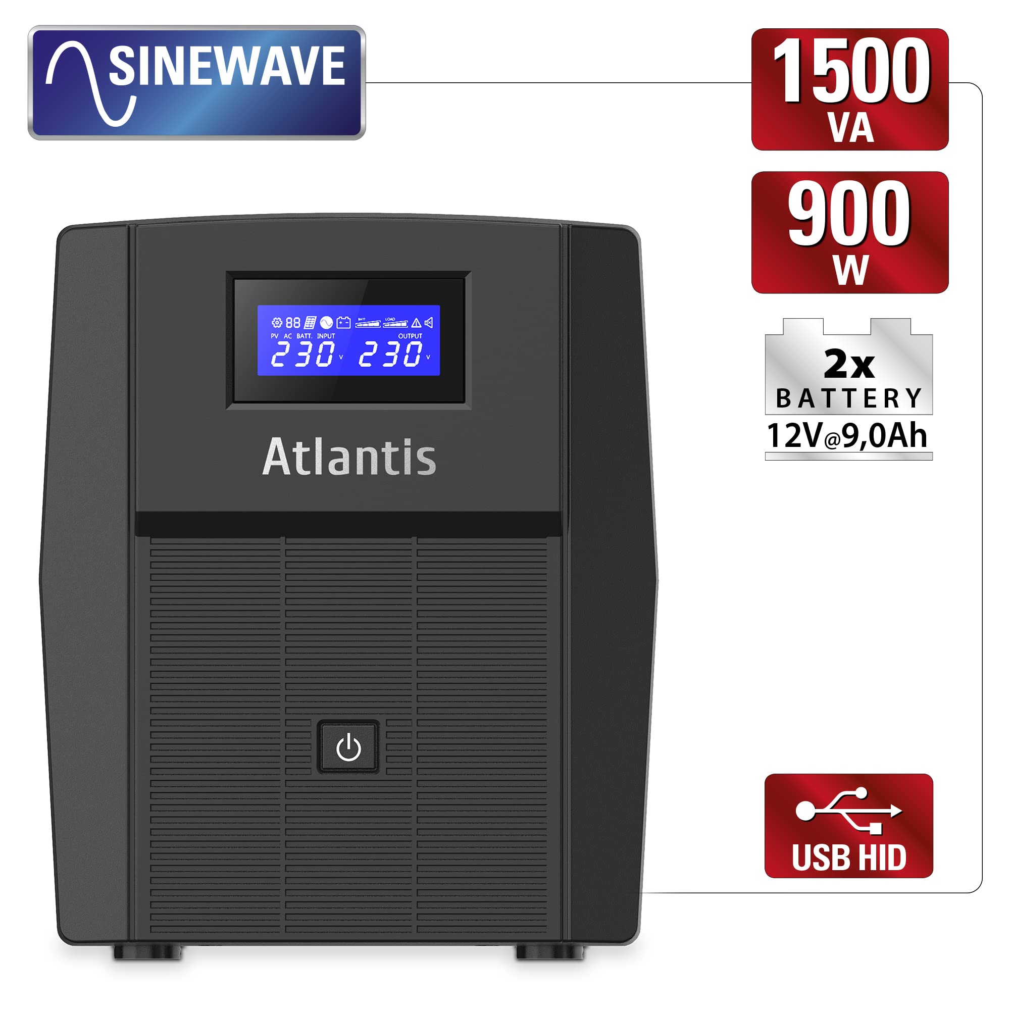 Atlantis A03-HP2003 Gruppo di Continuità Onda Sinusoidale Pura 1500VA 900W Line Interactive, display LCD, porta USB-HID, 3 uscite IEC + 2 prese Schuko + cavo alim, 2 batterie 12V-9Ah, protezione RJ45