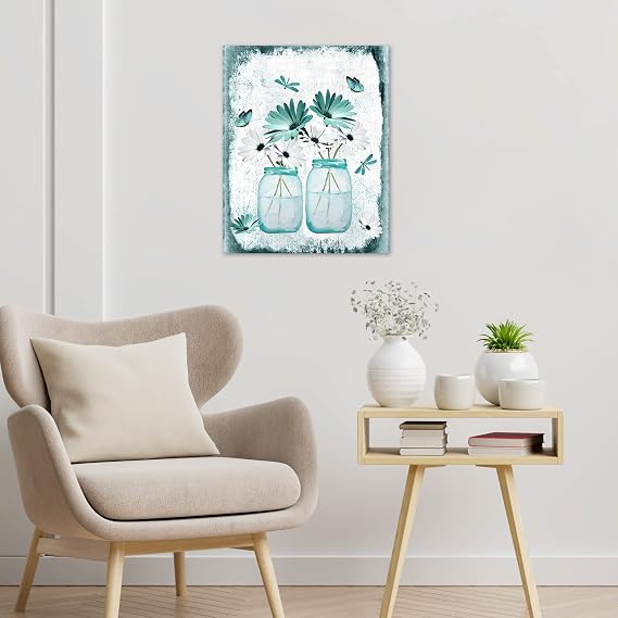 LB Teal and White Floral Wall Art Butterfly and Dragonfly with Flower Framed Canvas Wall Art for Living Room Vintage Farmhouse Prints Pictures for Bathroom Bedroom Dorm Wall Decor,12x16 inches