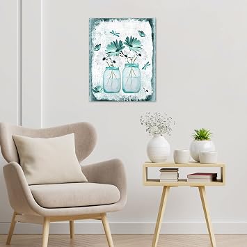 LB Teal and White Floral Wall Art Butterfly and Dragonfly with Flower Framed Canvas Wall Art for Living Room Vintage Farmhouse Prints Pictures for Bathroom Bedroom Dorm Wall Decor,12x16 inches