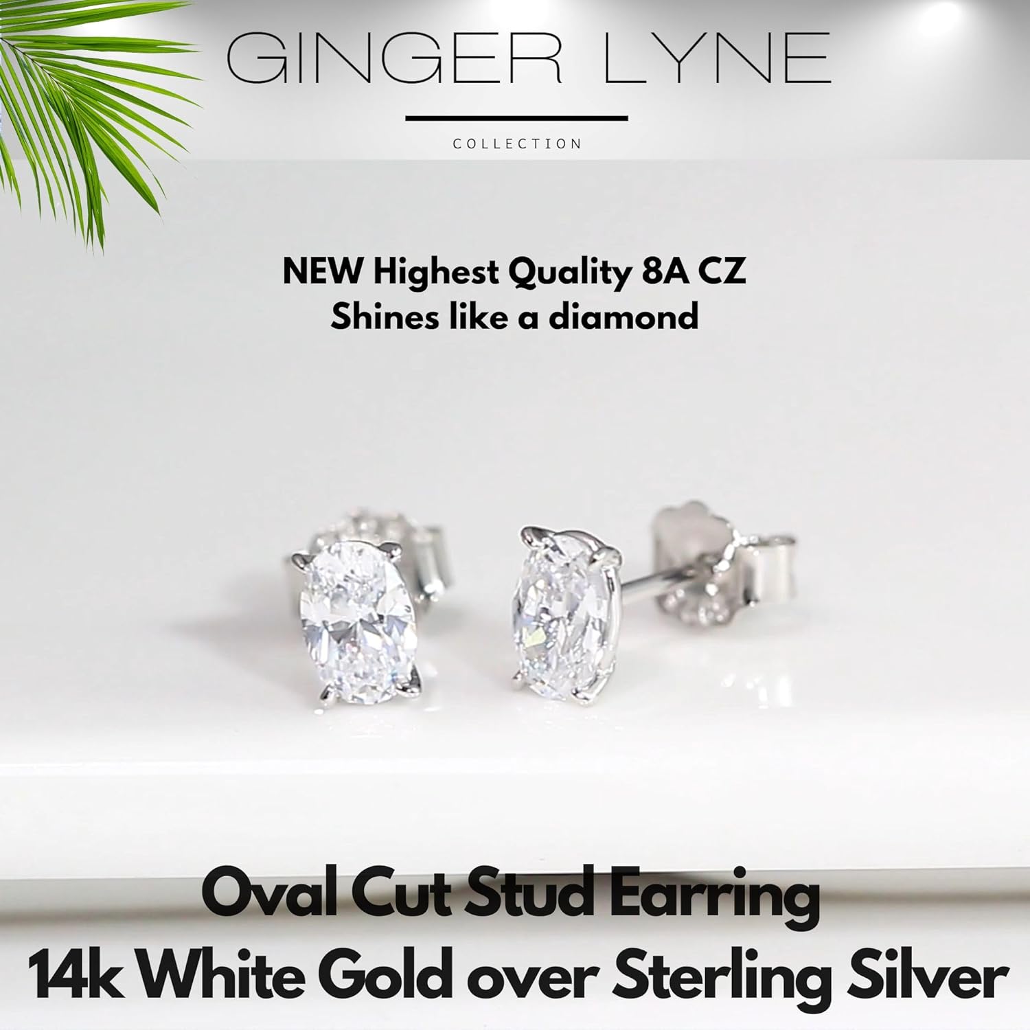 Faux Diamond Stud Earrings For Women 6mm Oval Cut 14k White Gold Plated Sterling Silver 1ct Cubic Zirconia Earring Studs for Her by Ginger Lyne Pierced Minimalist Jewelry - Image 2