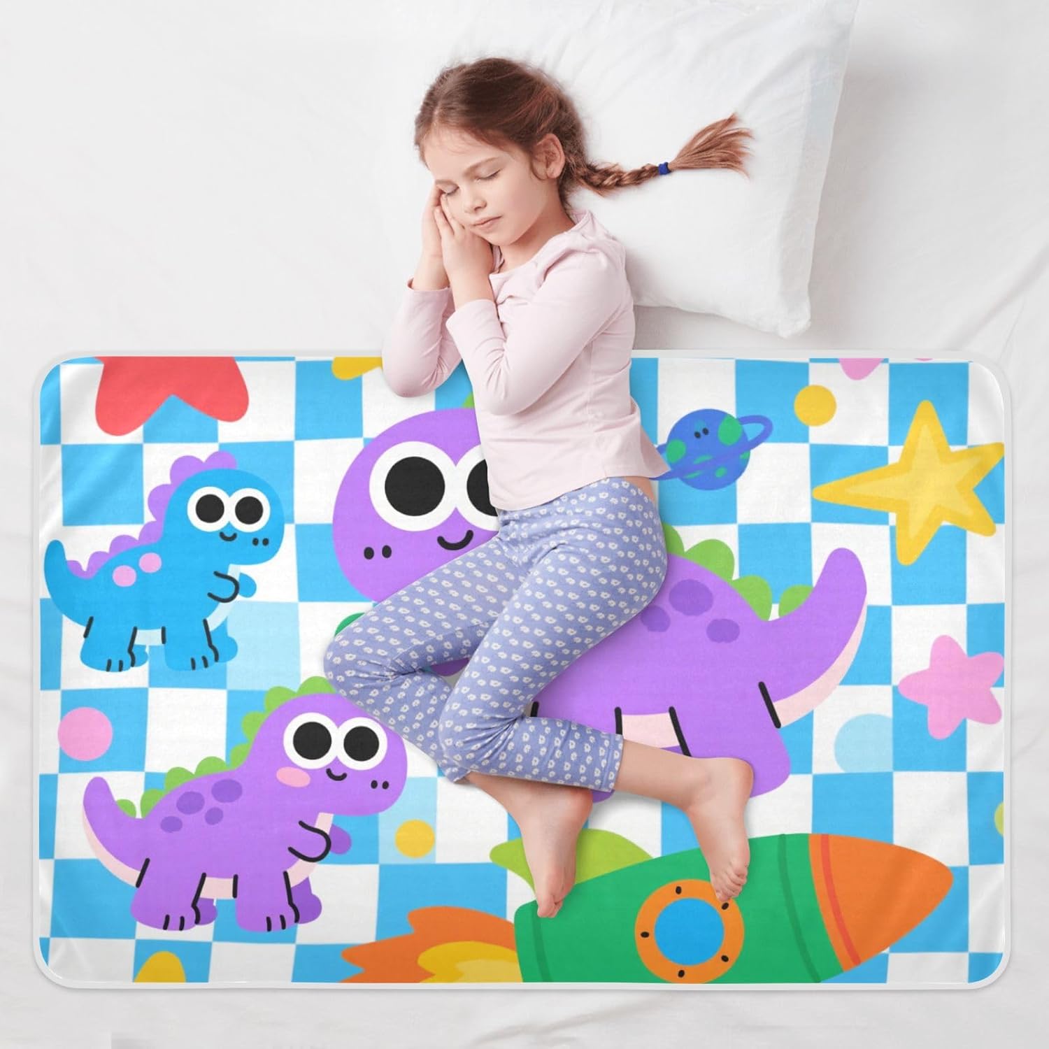 Cute Cartoon Purple Dinosaur Extra Large Resuable Toddler Mattress Pads Waterproof Washable Sheet Cover Underpads Machine Washable Toddler Bedding Products for Baby Boys Girls , 52" L x 34" W