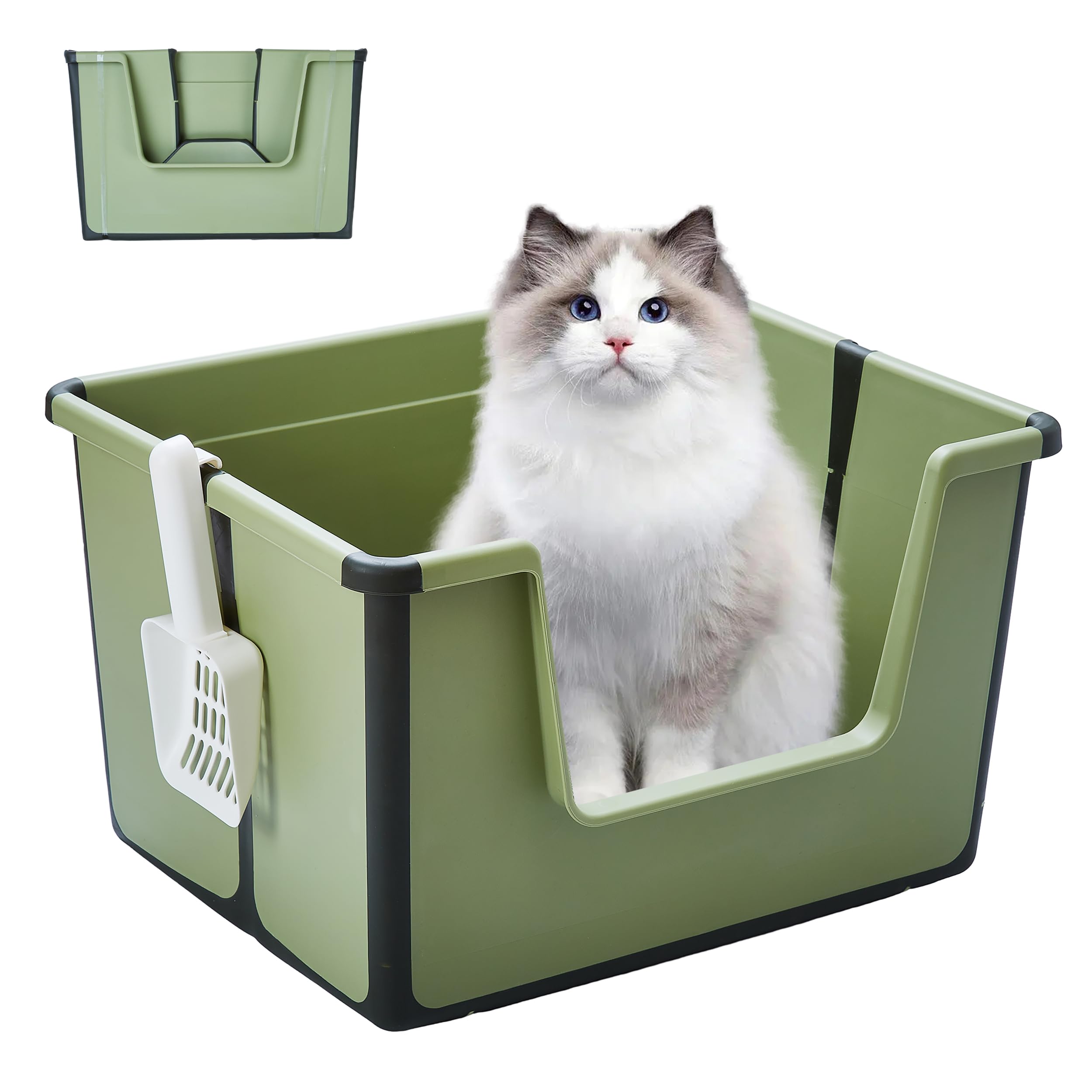 Pawsayes Cat Litter Tray Cat Litter Box with High Sides, Foldable Travel Large Open Top Litter Box for Small and Medium Cats, High Wall Low Entry Anti-Splashing Kitty Toilet with Scoop(Green)