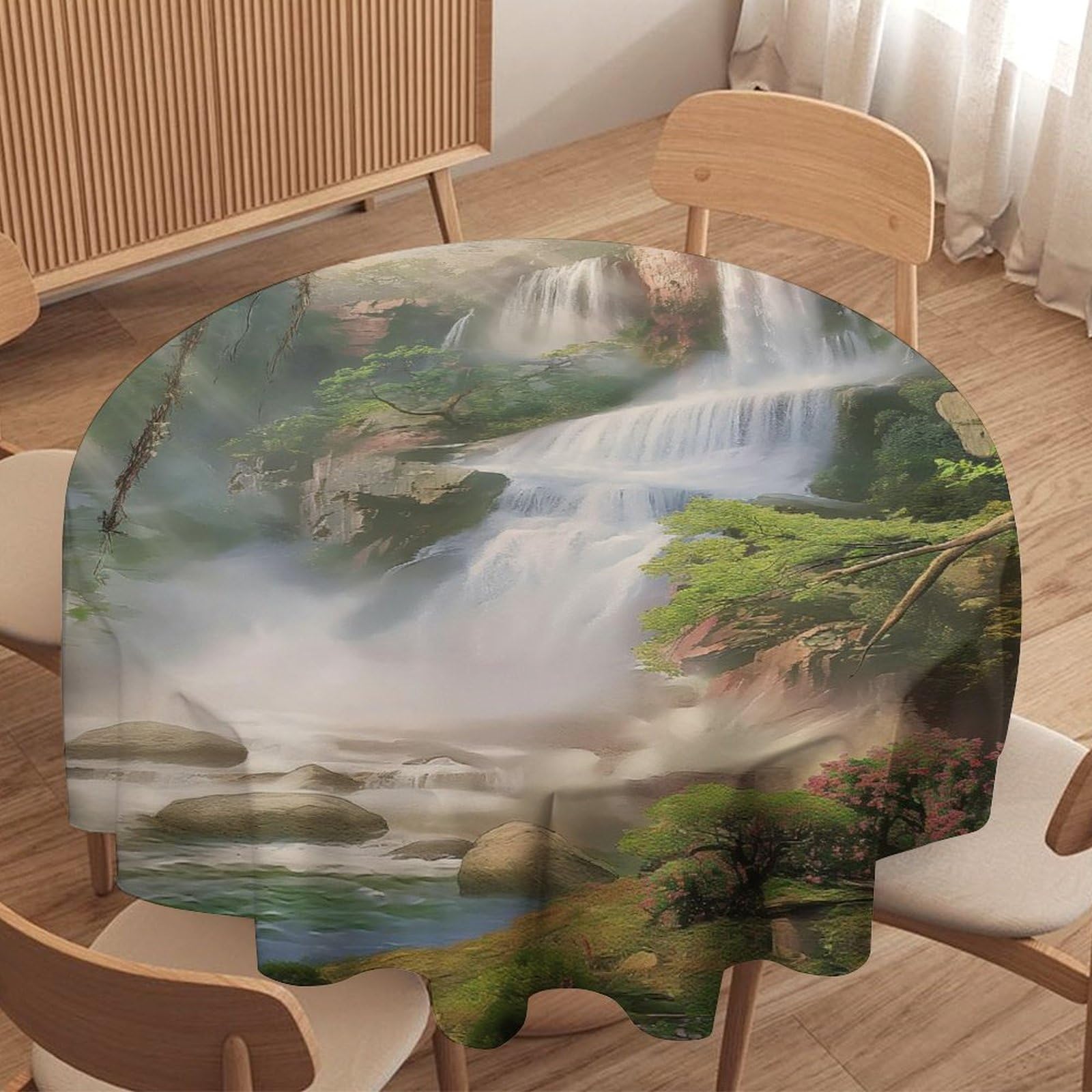 ORDOBO 3D Print Round Tablecloth - Waterfall Landscape Round Countertop Decoration Cover Waterproof Wipeable Dust-Proof For Kitchen Dining Home 152X152Cm