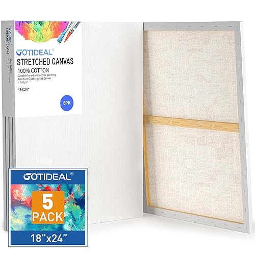 GOTIDEAL Stretched Canvases for Painting, 18x24" Inch Set of 5, Primed White - 100% Cotton Blank Art Canvas Boards for Painting for Acrylic Pouring, Oil Paint Dry & Wet Art Media