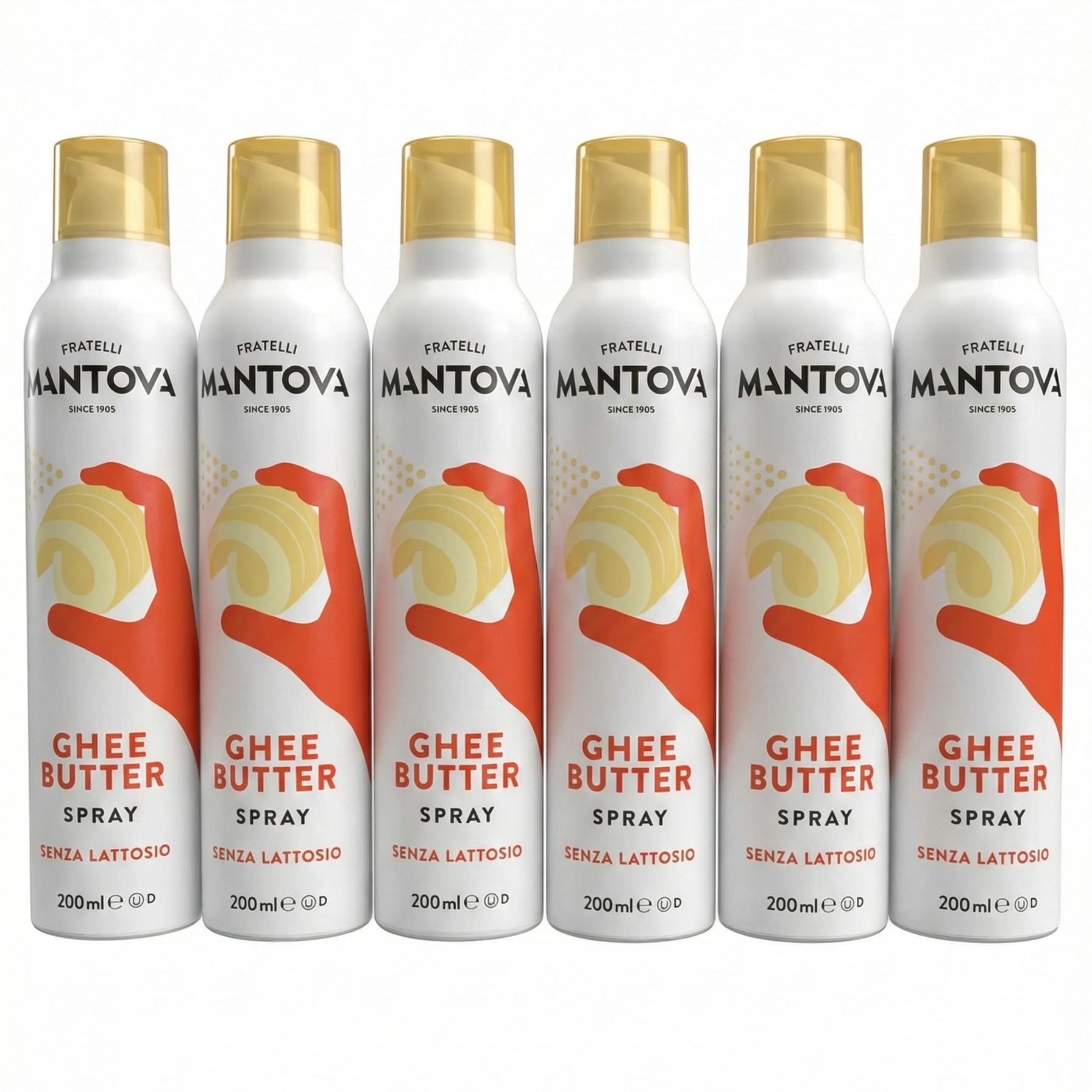 Mantova Ghee Butter Spray Family Pack 6 Flaschen à 200 ml, gesamt 1200 ml – 100% Natürlich, Leicht und Einfach – Spart bis zu 90% – Spray und Zerstäuber für Küche, Ofen, Pfanne – Geschenkidee