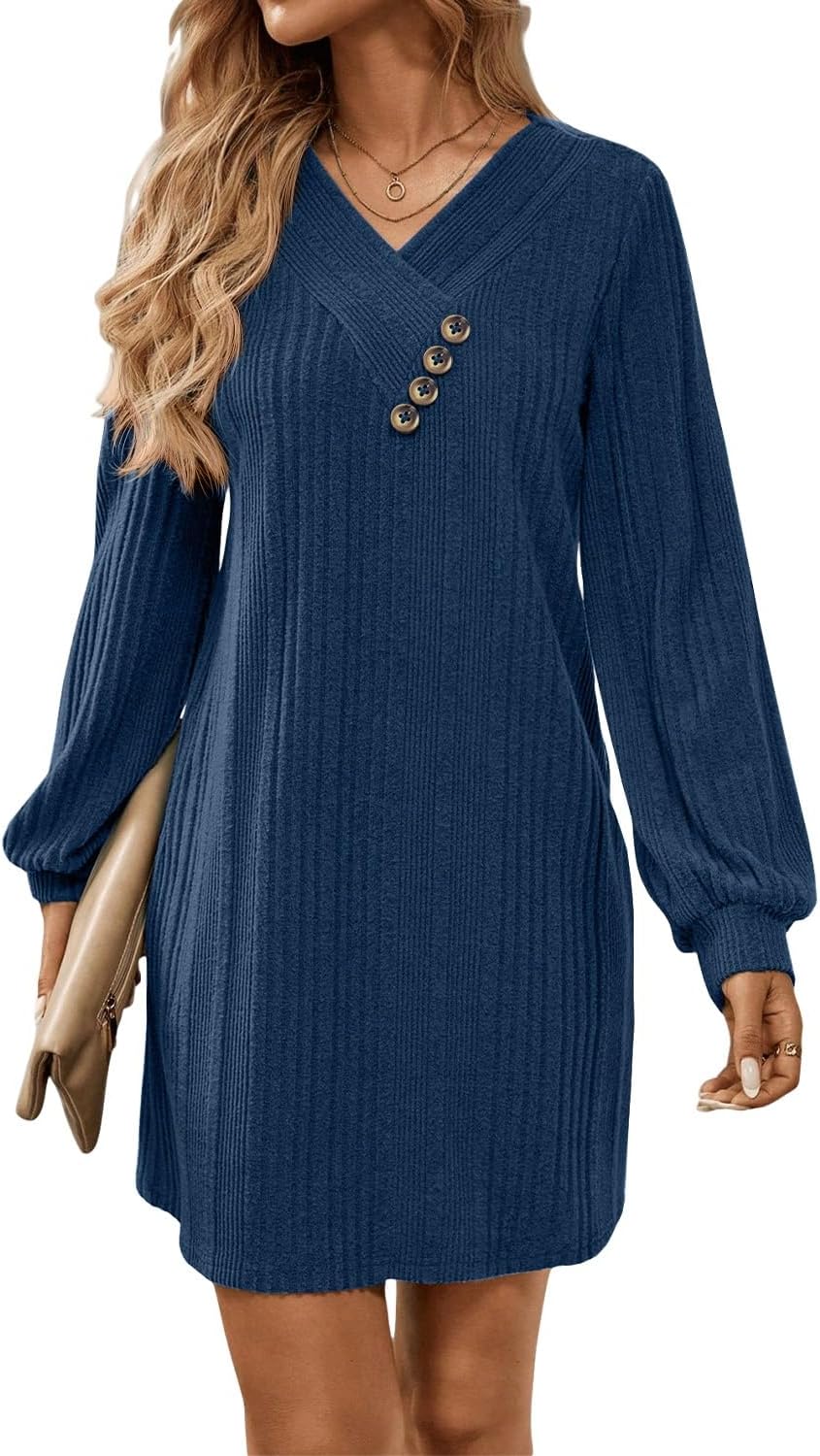 BLENCOT Womens Casual Knit Sweater Dress Long Sleeve V Neck Button Stretch Tunic Fall Knee Length Dresses Pockets - Image 2