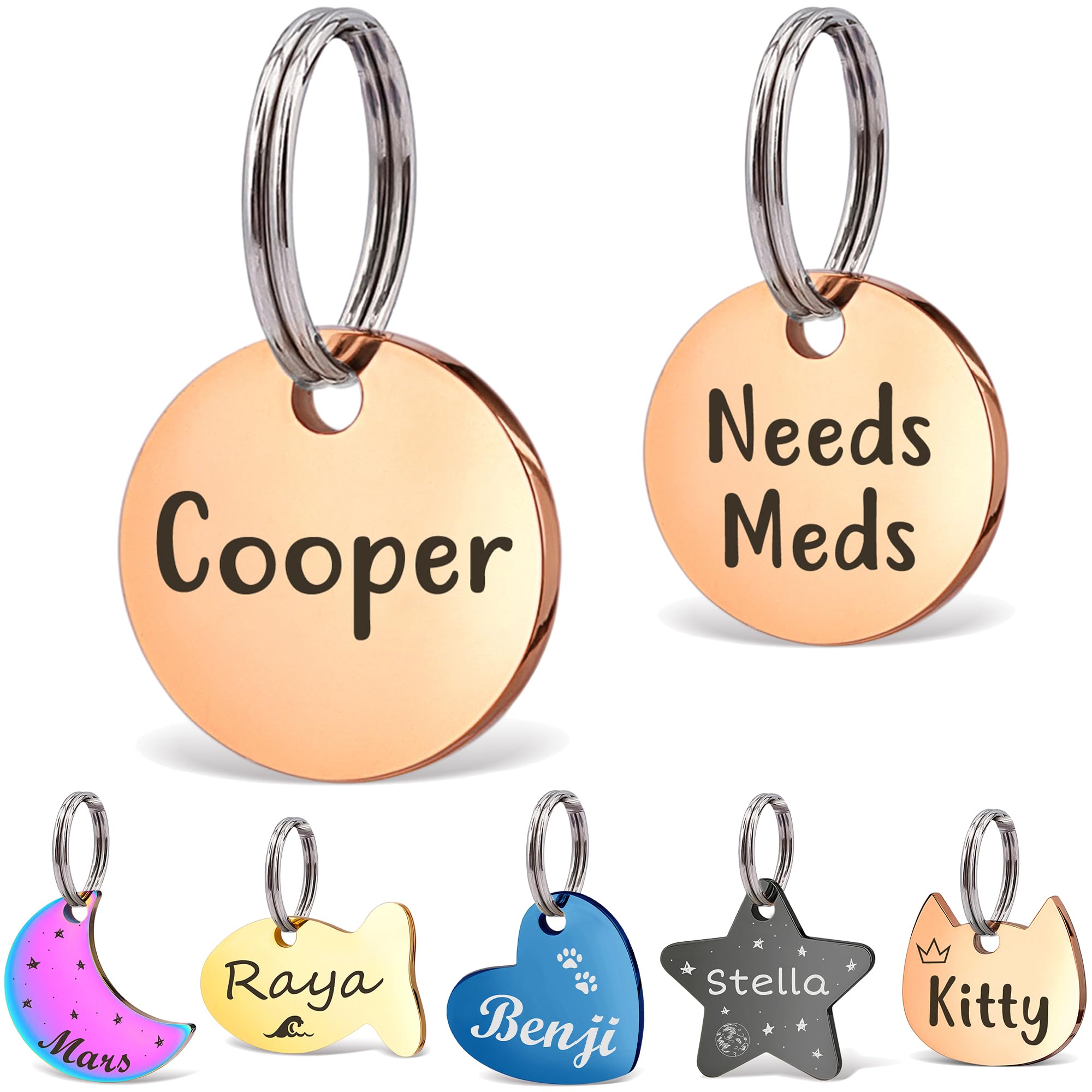 Anavia Small Size Dog Cat ID Tags, Small/XS Personalized Color Plated Stainless Steel Puppy Kitten Name Tags, Customized Engraved Nameplate Pet Collar Tag (Rose Gold, XS-Round)