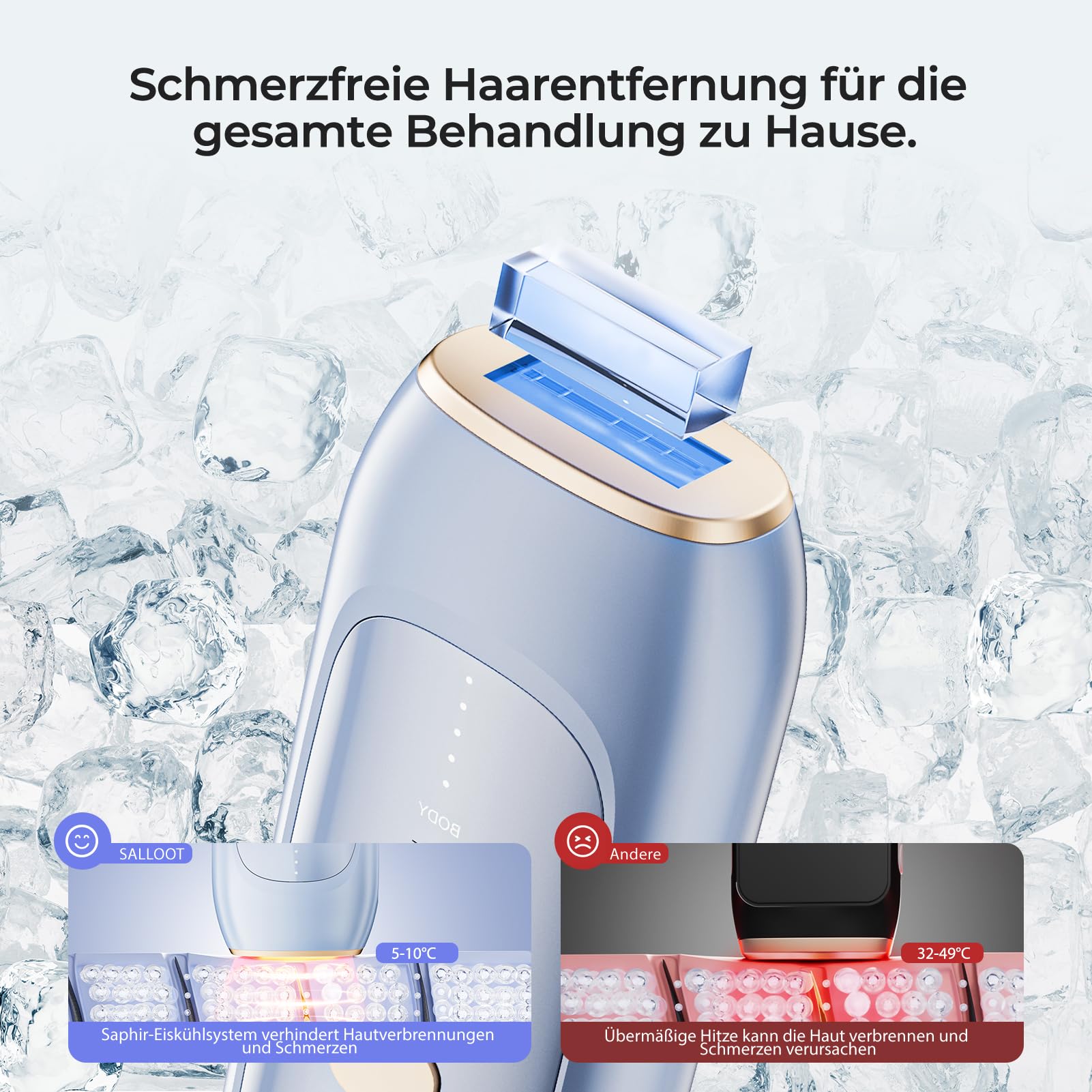 IPL Geräte Haarentfernung mit Saphir-Eis-Kühlung, 5°C Schmerzfreie Laser Haarentfernung für sensible Haut geeignet, 21J &15 Energiestufen, Effektiv und dauerhaft für Bikini, Körper, Achseln(BLAU)