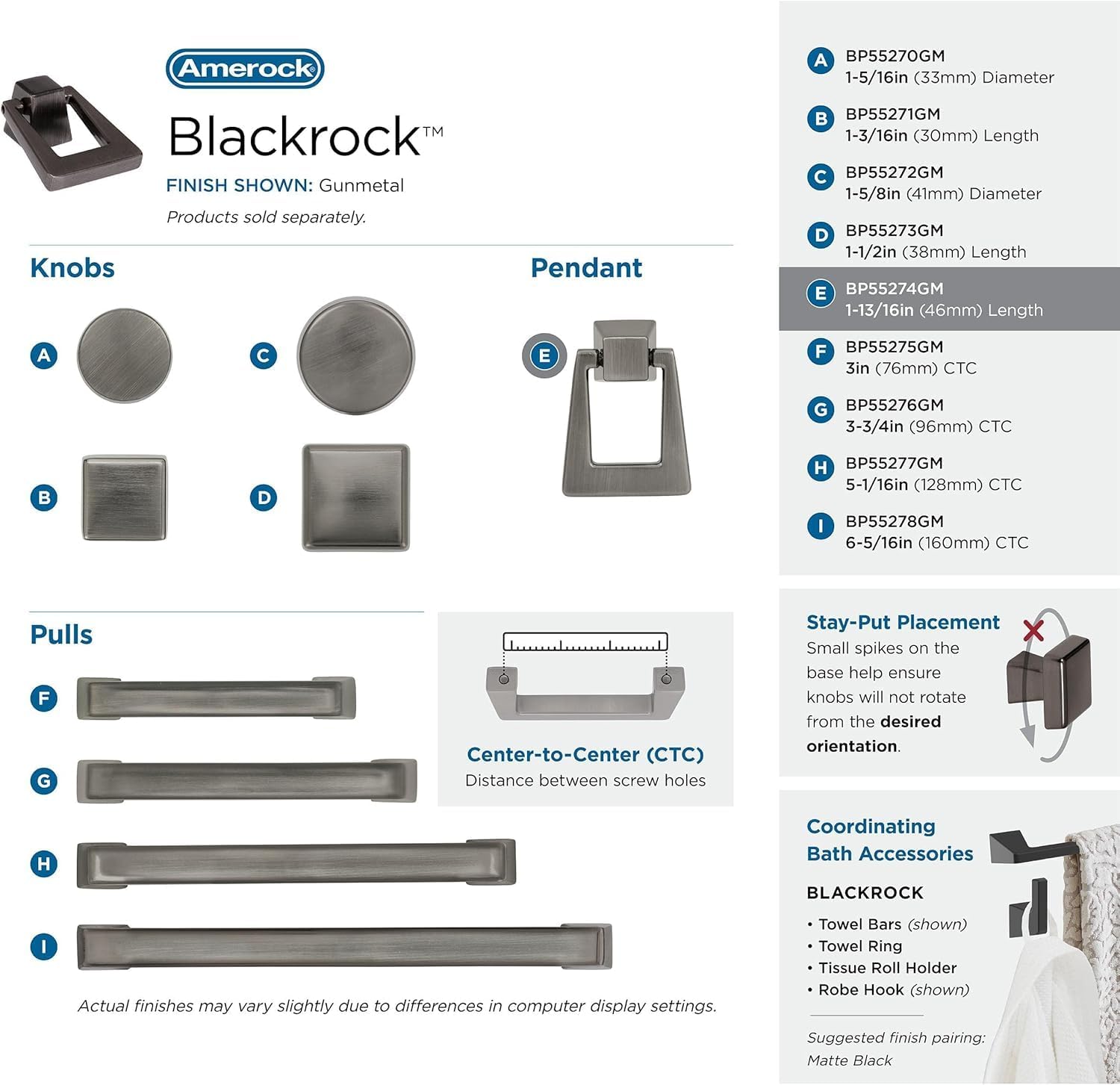 Amerock | Cabinet Pendant | Gunmetal | 1-13/16 inch (46 mm) Length | Blackrock | 1 Pack | Cabinet Knob | Drawer Knob | Cabinet Hardware