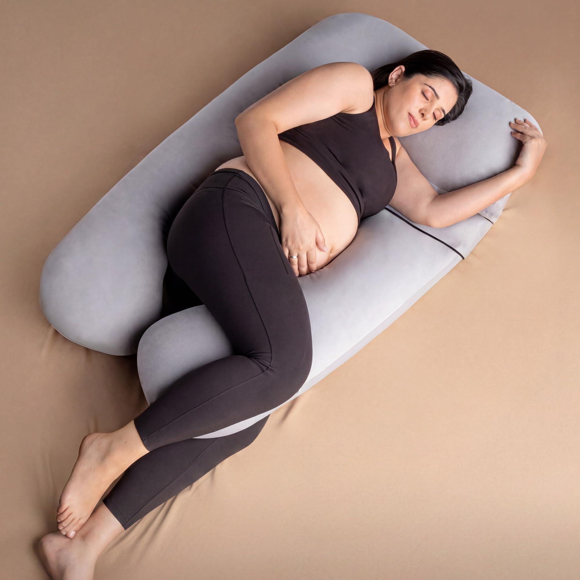Frido Maternity U-Shaped Pillow | 360° Full Body Pregnancy Support | Detachable Arm & Arm Locator Pocket | Support for Back, Belly, Hips & Legs | 50" Soft Suede Velvet Cover | Grey