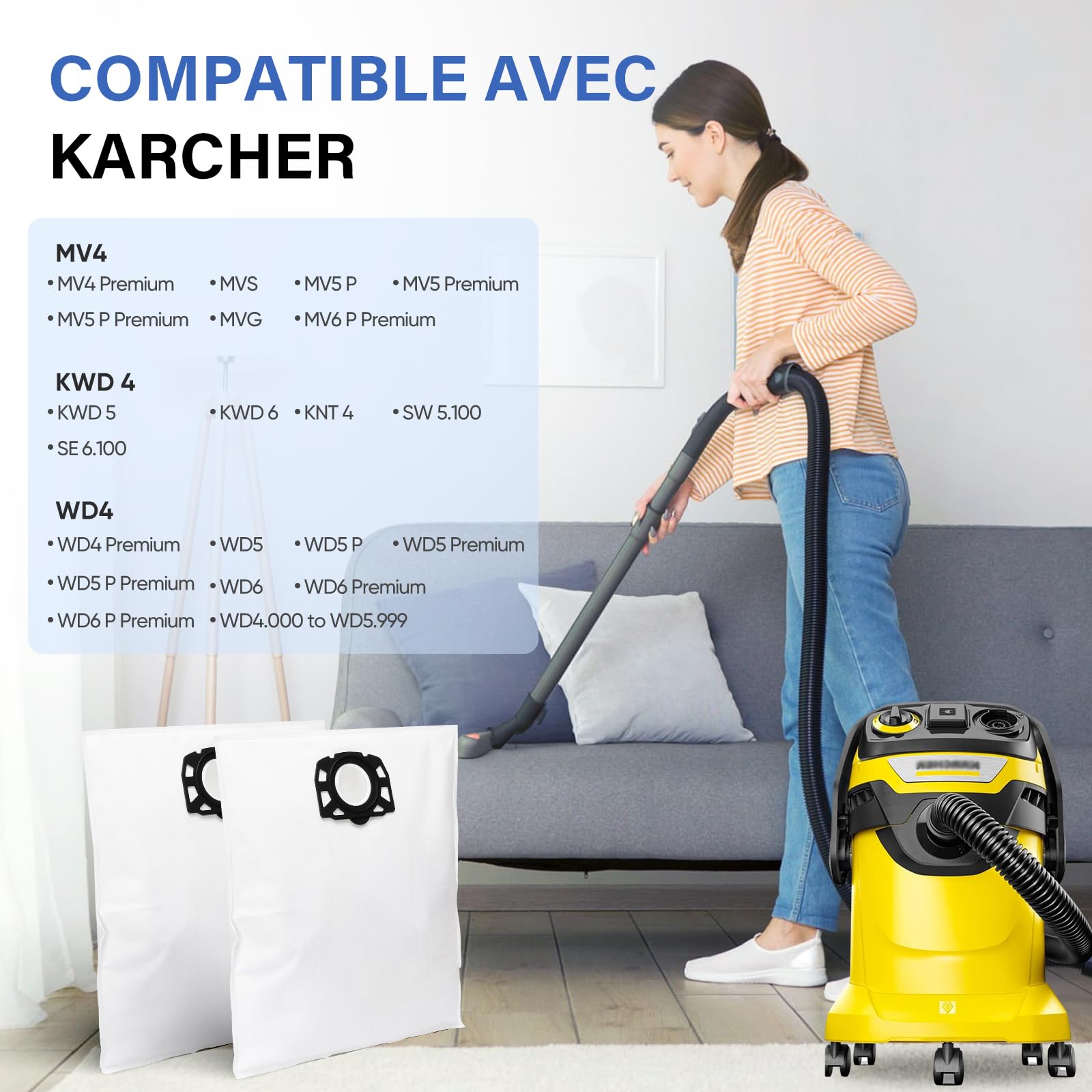 Sacs Aspirateur Kärcher WD4 WD5 WD6 MV4 MV5 MV6 - 6 Pièces Non-tissé - Filtration Poussière