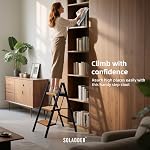 SOLADDER 3 Step Ladder, Anti-Slip and Lightweight Foldable Step Stool for Adults to Use in Kitchen, Closet and Library, 300lbs(Black+Woodgrain)
