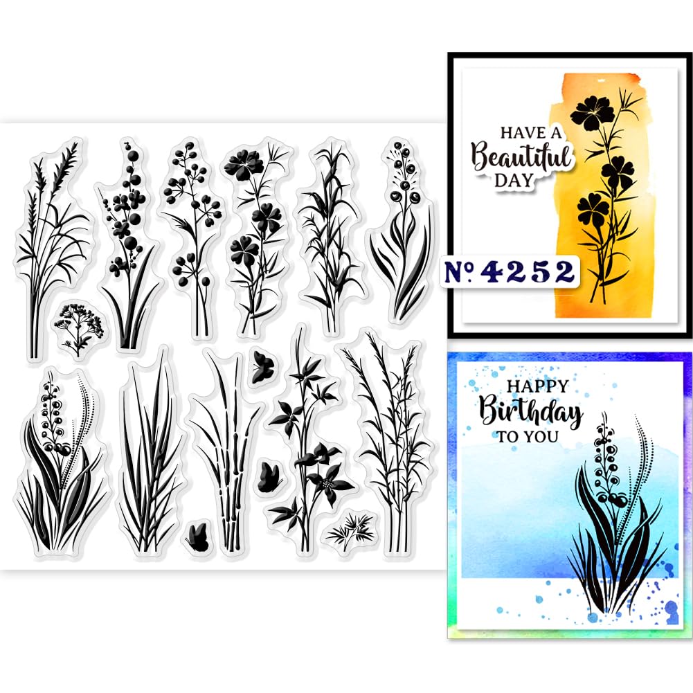 GLOBLELAND Plants Silhouettes Clear Stamps 5.91x5.91 inch Transparent Silicone Stamp Seals for DIY Scrapbooking Cards Making Journal