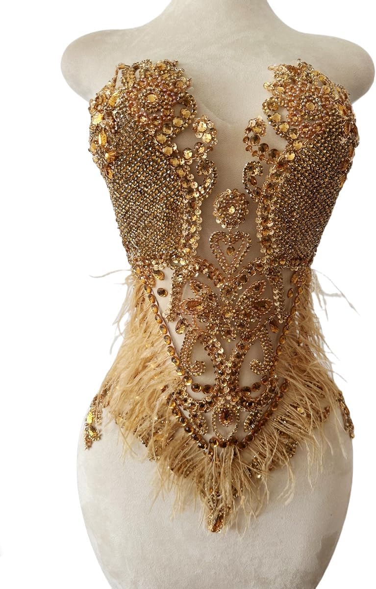 Pure Handmade Bodice lace Rhinestones Applique Sewing Stones Beads Crystal Trimming Patches Accessories for Wedding Dress Ostrich Feather Decorations 13.7X22inches 1pcs/Bag (Champagne)