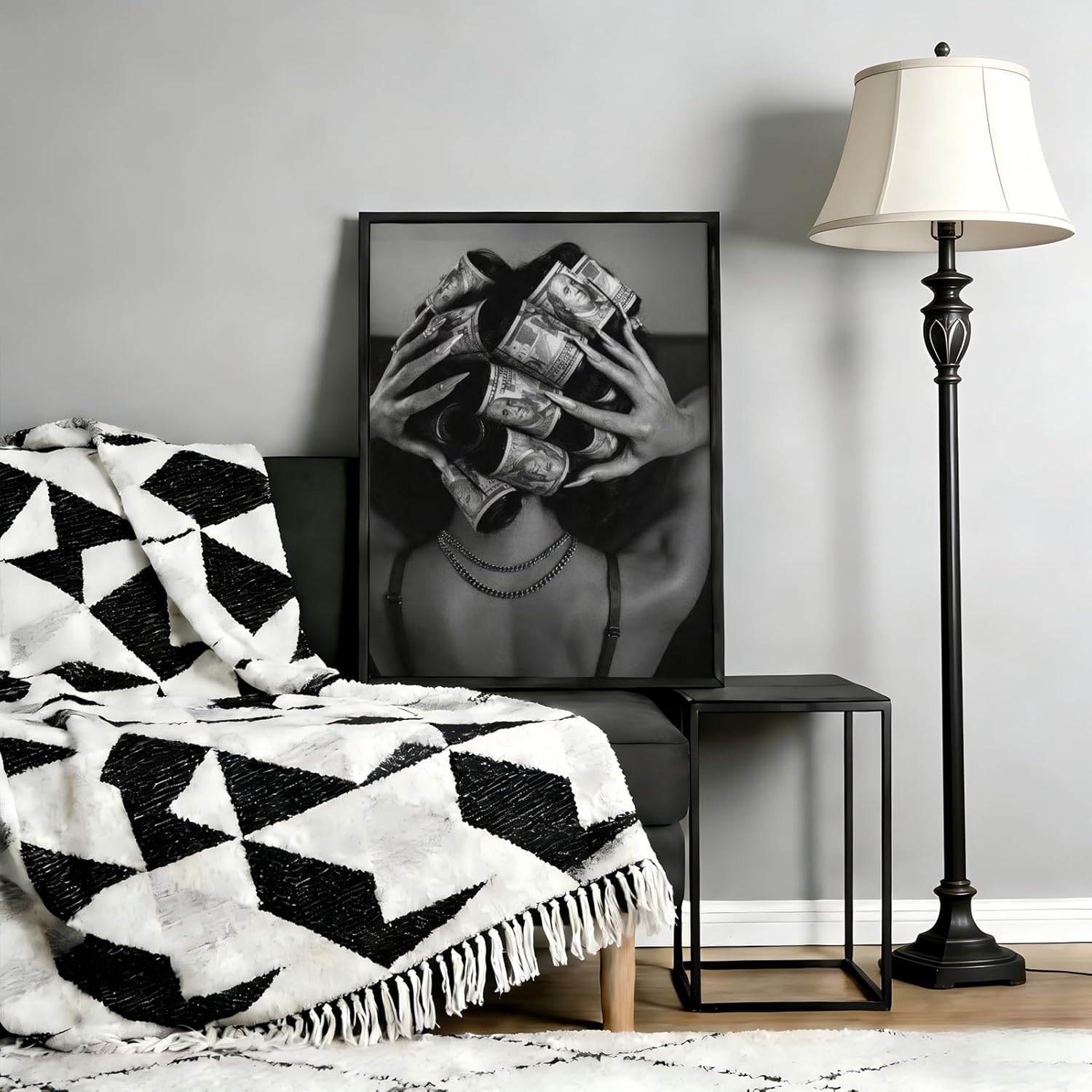 Framed Black and White Fashion Canvas Wall Art Luxury Feminist Picture Wall Decor Trendy Woman with Money on Head Poster Print for Girls Bedroom Apartment Dorm Bar Cart Home Decoration 12x16in