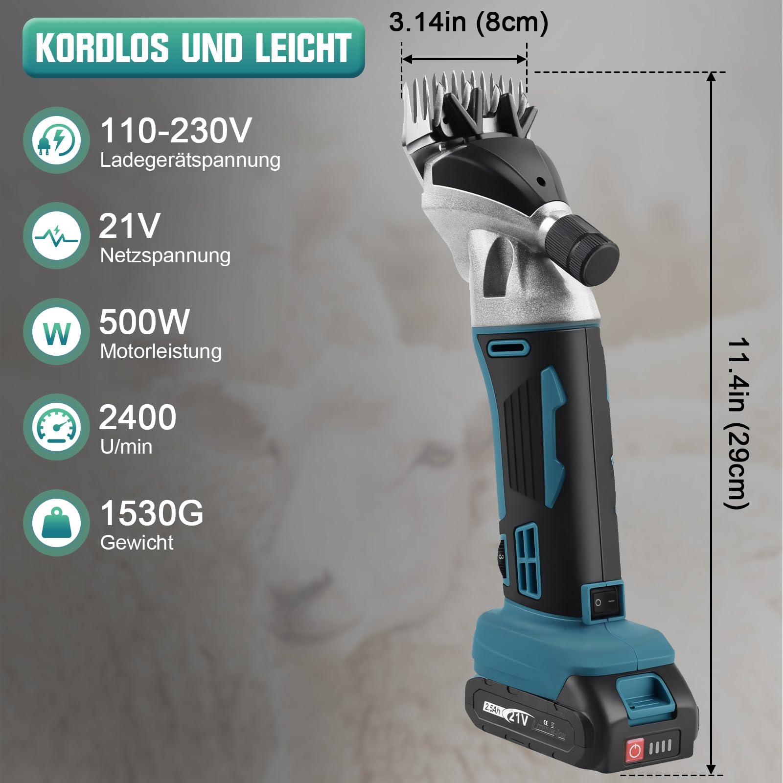 Akku Schafschere 500W für Makita 18V Akku, Schafschermaschine mit 6 Geschwindigkeiten, 2x2500mAh Akkus, Elektrische Schafschere Kabellose Schermaschine für Schafe Alpakas Ziegen