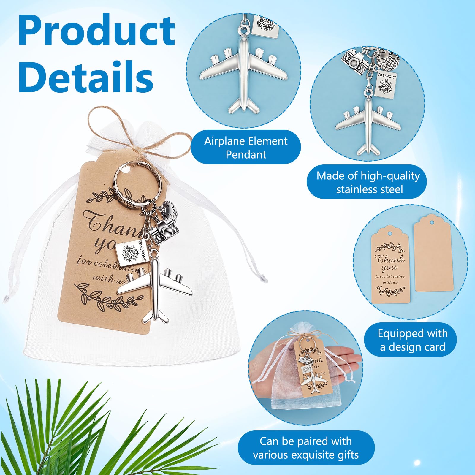 Lot de 82 porte-clés de voyage, aventure, avion, fête, avec sachets en organza, cartes de remerciement et chapeau en corde de jute comme cadeau d'invités