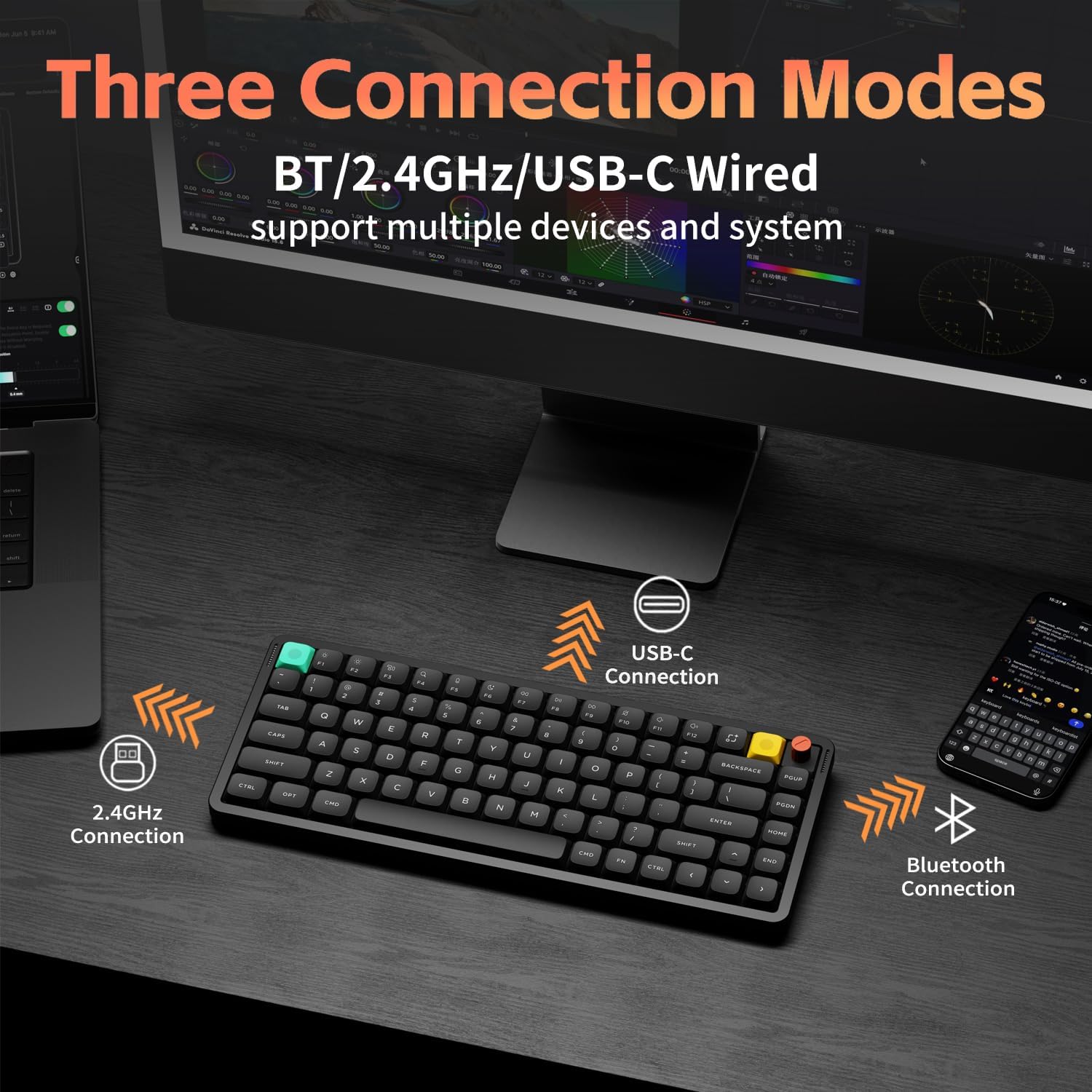 nuphy Air75 V3 keyboard showing three connection modes: Bluetooth, 2.4GHz, and USB-C