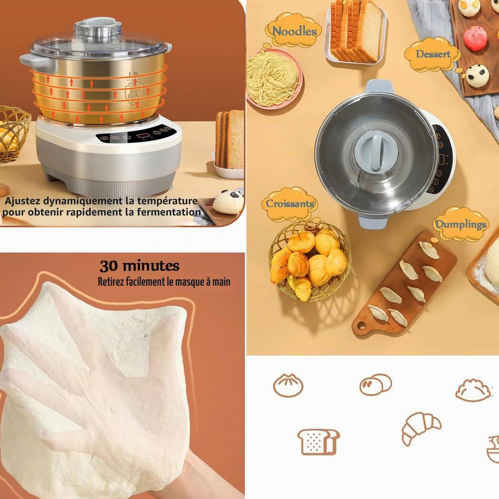 Machine à Pâte avec Fonction Fermentation, Mélangeur en Acier Inoxydable de 5L/7L pour la Cuisson à Domicile, Machine à Pétrir Antiadhésive avec Panneau de Minuterie et Chambre de Réserve