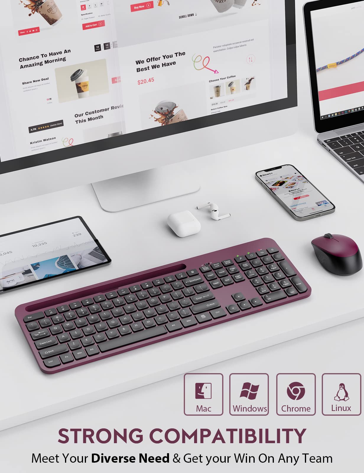 Wireless Keyboard and Mouse Combo 2.4 GHz USB Lag-Free Quiet Full-Size Mouse Keyboard Set with Responsive Round Key, Phone Holder, 12 Multimedia Shortcut for Computer Laptop PC by Choiana - Wine Red