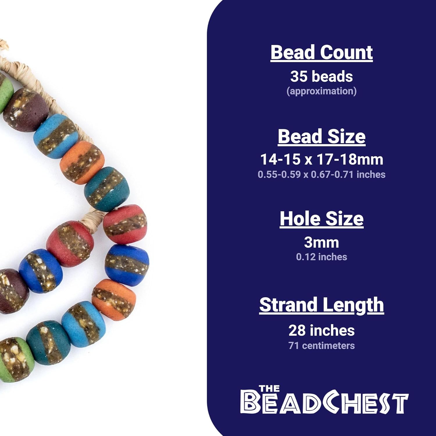 The Bead Chest African Kente Beads - Full Strand of Krobo Glass Beads (Medley)