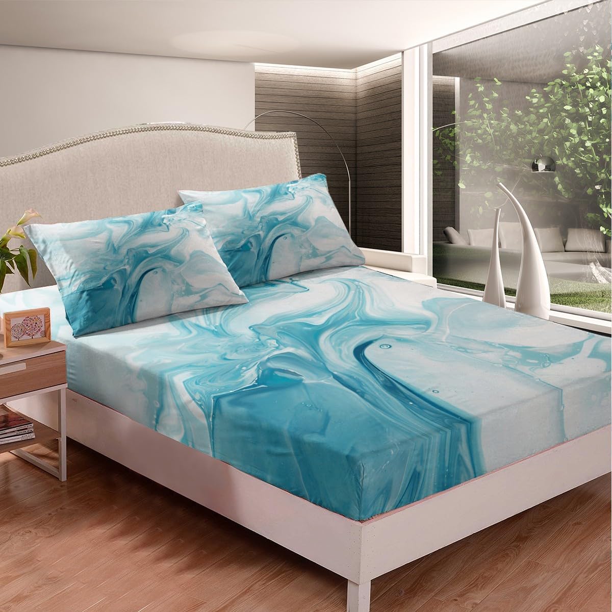 Erosebridal Marble Fitted Sheet - White Blue Marble Bed Sheets - Extra Soft Sheet Set- Deep Pockets - 1 Fitted Sheet, 1 Flat, 1 Pillow Cases - 3 Piece (Twin, White) Bedroom Livingroom Decor