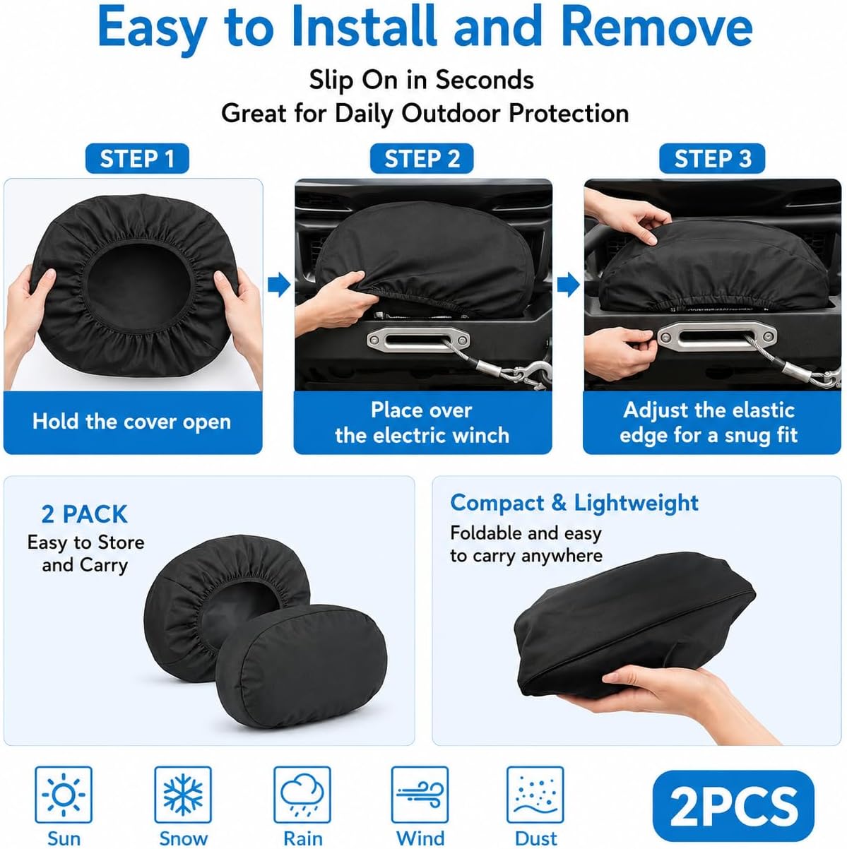 2 Pack Waterproof Winch Cover - for Electric Winches 8500-17500 lbs, Heavy Duty 600D Oxford Fabric Trailer ATV UTV Truck Winch Protector Cover, Black