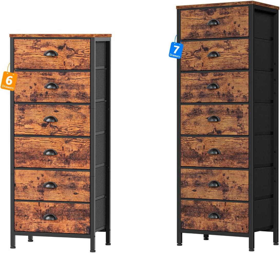 Furnulem Dresser with 6 & 7 Drawers,Tall Chest of Drawers Industrial Fabric Dresser for Bedroom,Vertical Storage Tower Bedside Furniture