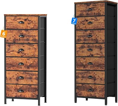 Furnulem Dresser with 6 & 7 Drawers,Tall Chest of Drawers Industrial Fabric Dresser for Bedroom,Vertical Storage Tower Bedside Furniture