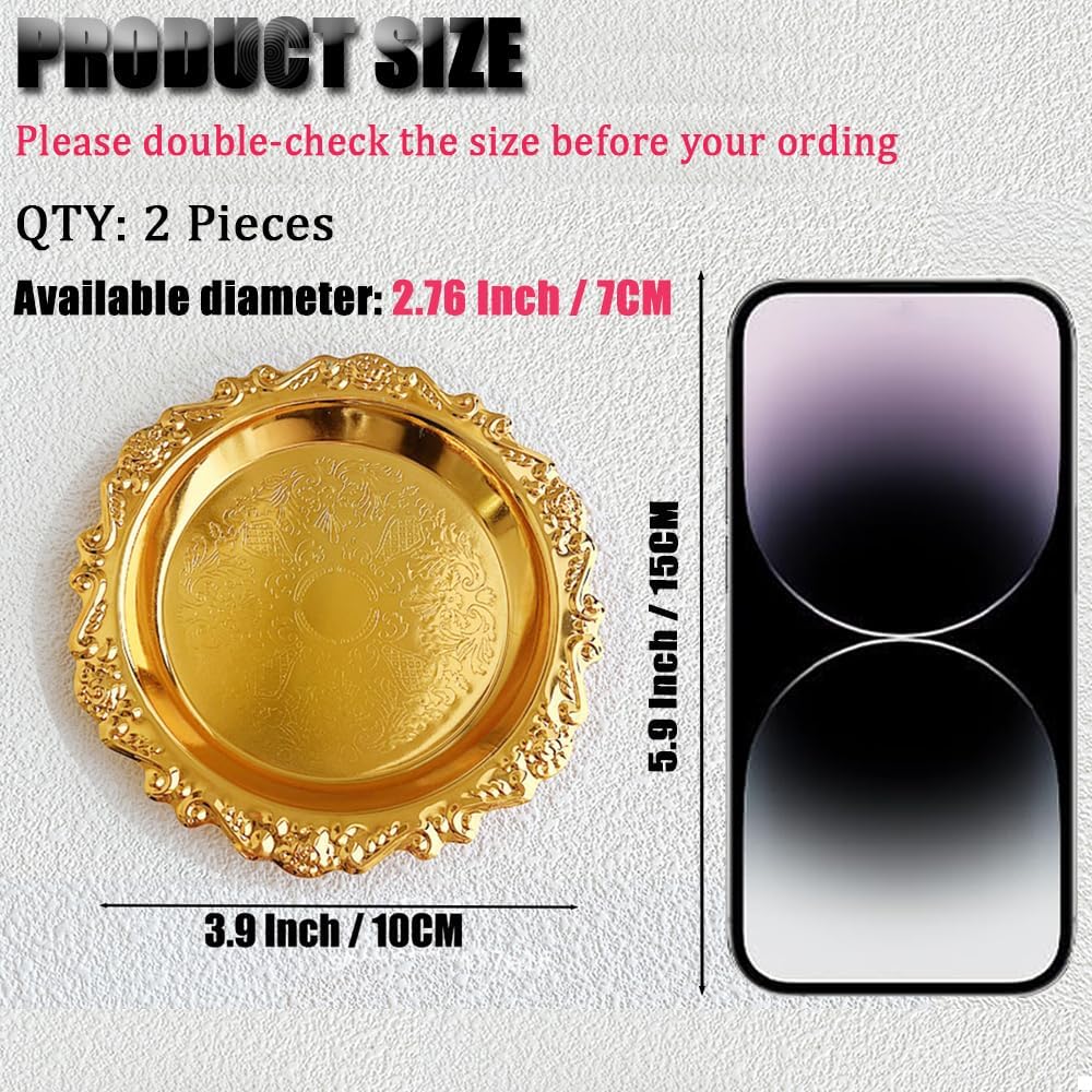 2PCS Round Decorative Metal Coffee Table Trays, Gold, 3.9 inch