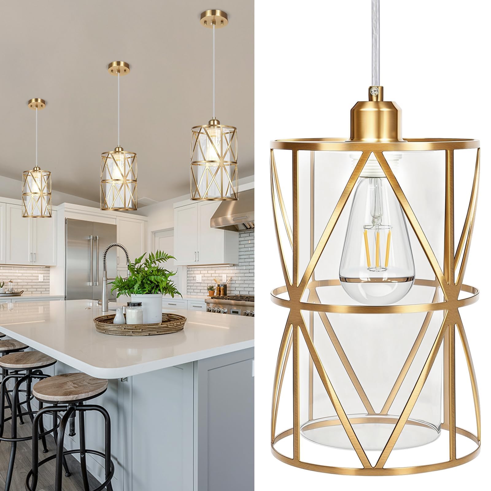 Photo 1 of Zlierop Brushed Gold Pendant Light, 7"×10" Dual-Shade Kitchen Island Lighting with Clear Glass Shade, E26 Adjustable Height 1"-61", UL Listed, for Dining Room Foyer Entryway — Bulbs Not Included