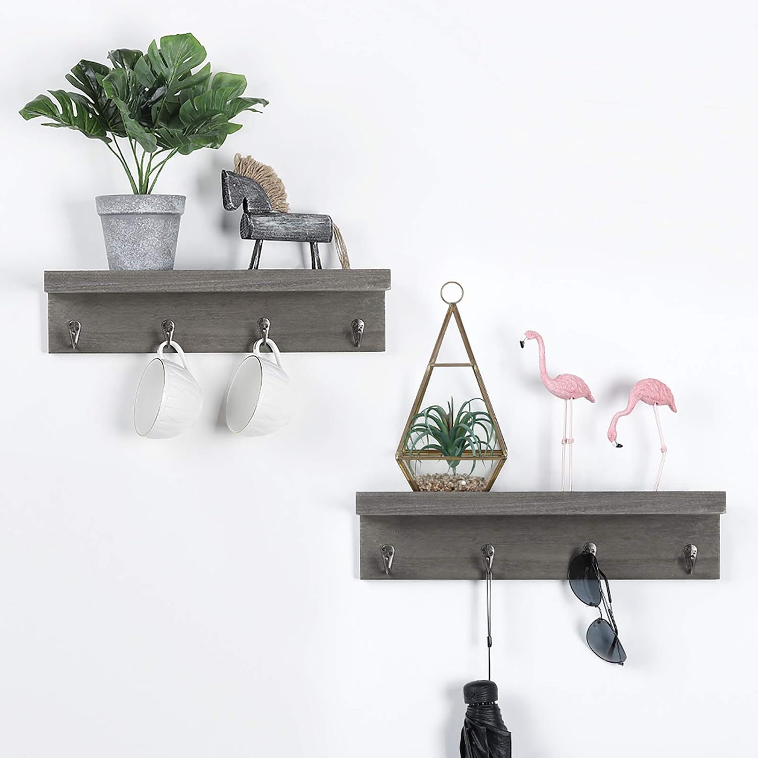 LIANTRAL Coat Rack with Shelf, Set of 2 Wall Mounted Coat Hook with 4 Hooks for Entryway, Mudroom, Kitchen(Rustic Gray)