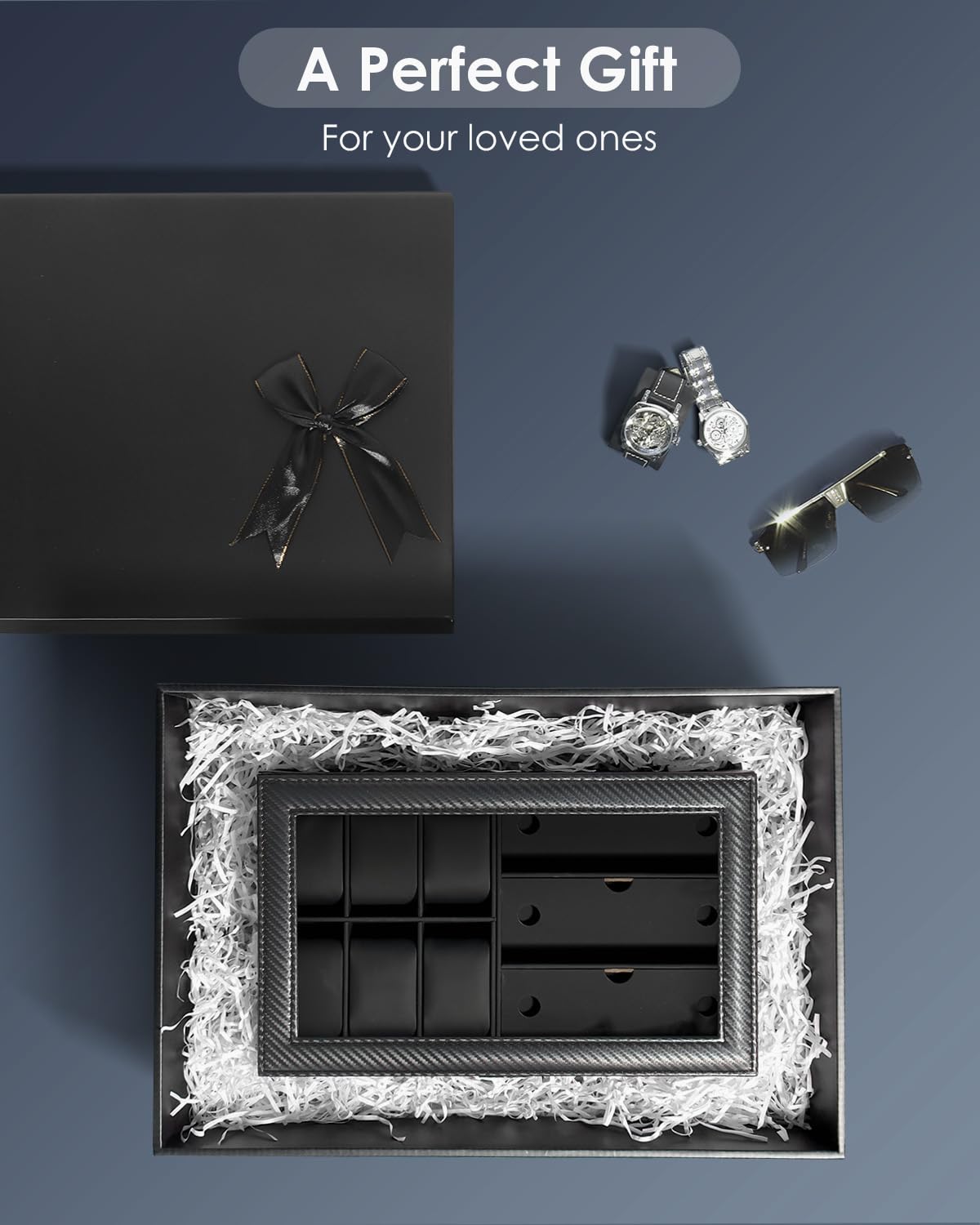 Kukikan Joyero organizador de relojes, caja de reloj y gafas de sol con tapa grande de cristal, 6 ranuras y 2 capas, joyero para hombre con cerradura, soporte para reloj, regalo para hombres y mujeres