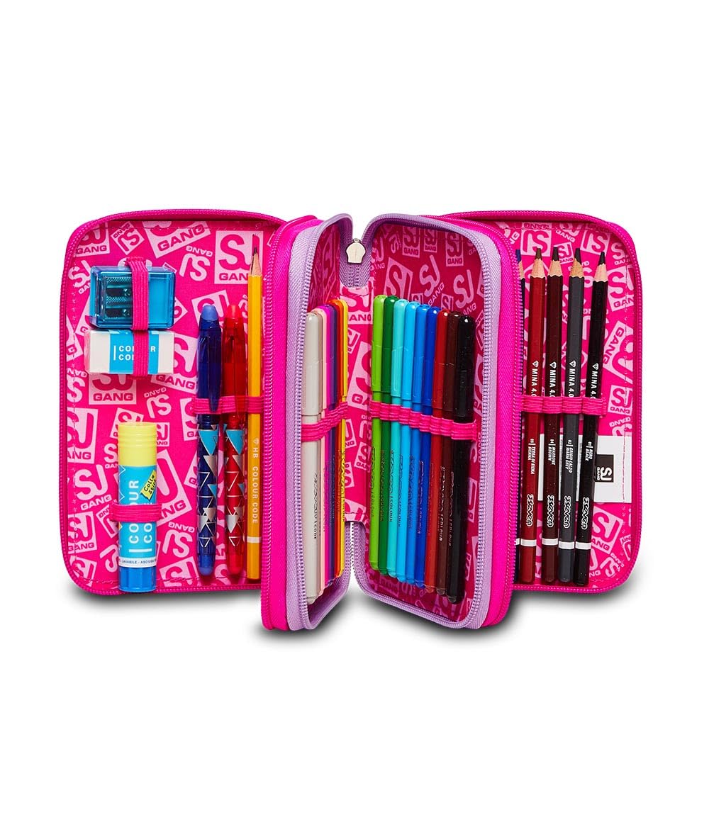 SJ GANG STYLE JAM GANG, Astuccio Scuola 3 Zip, HEART LOLLY, Rosa, Triplo scomparto, 45 pezzi, Attrezzato con Matite, Pennarelli e altro, Portapenne Scuola Bambina