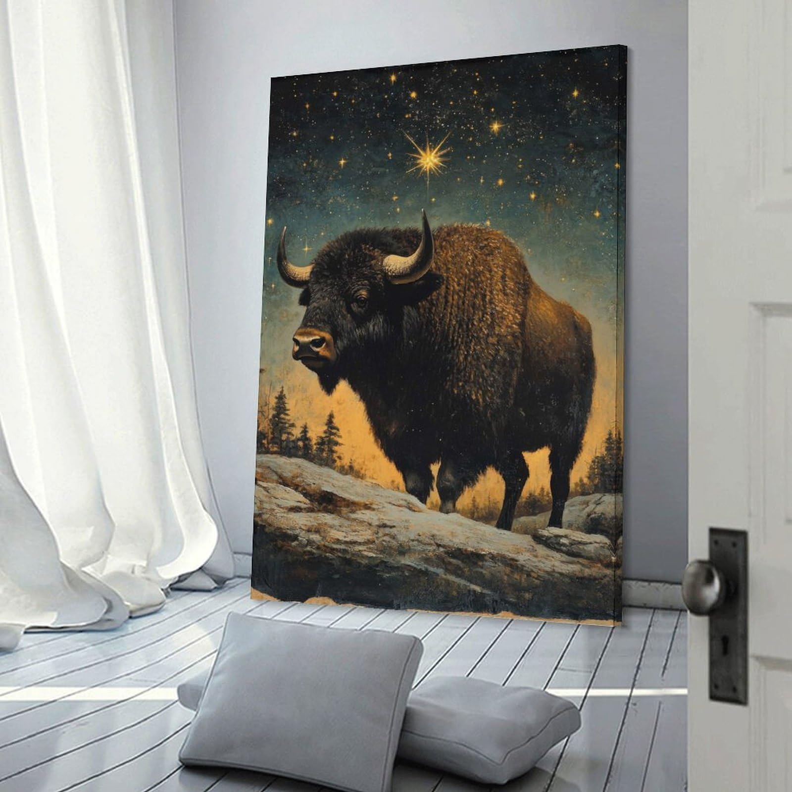 Junmoney Frame-Style-2 Bison Under Starry Sky Wall Decor Canvas Print, 20X30inch(50X75cm), For Flats, Guest Rooms Or Compact Rooms, A Simple Refresh For Blank Walls