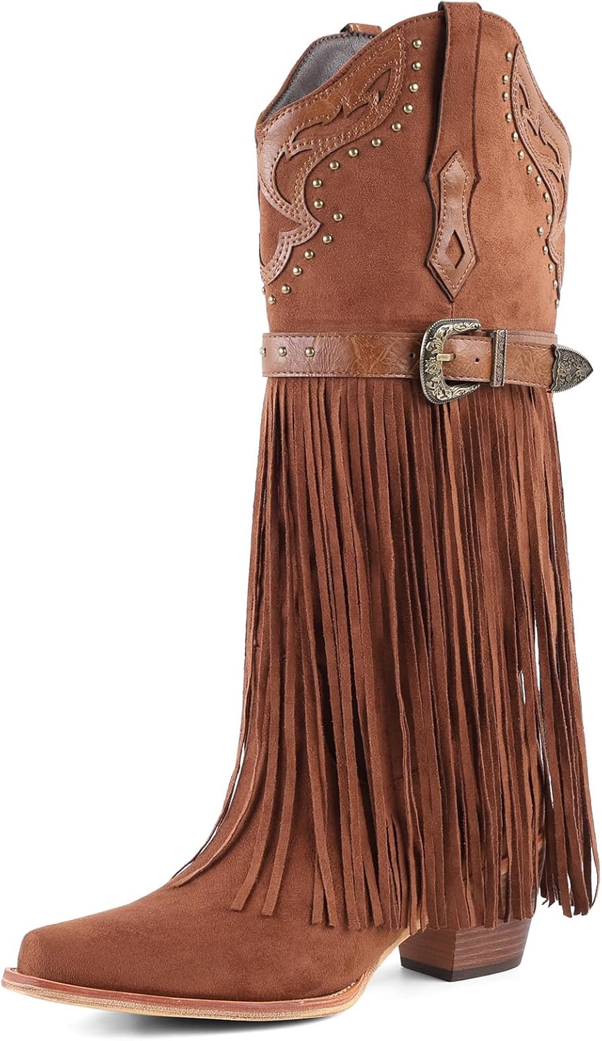 FancyQueen Fringe Cowboy Boots for Women, Fashion Pointed Toe Cowgirl Boots Womens Western Boot, Chunky Heel, Embroidered