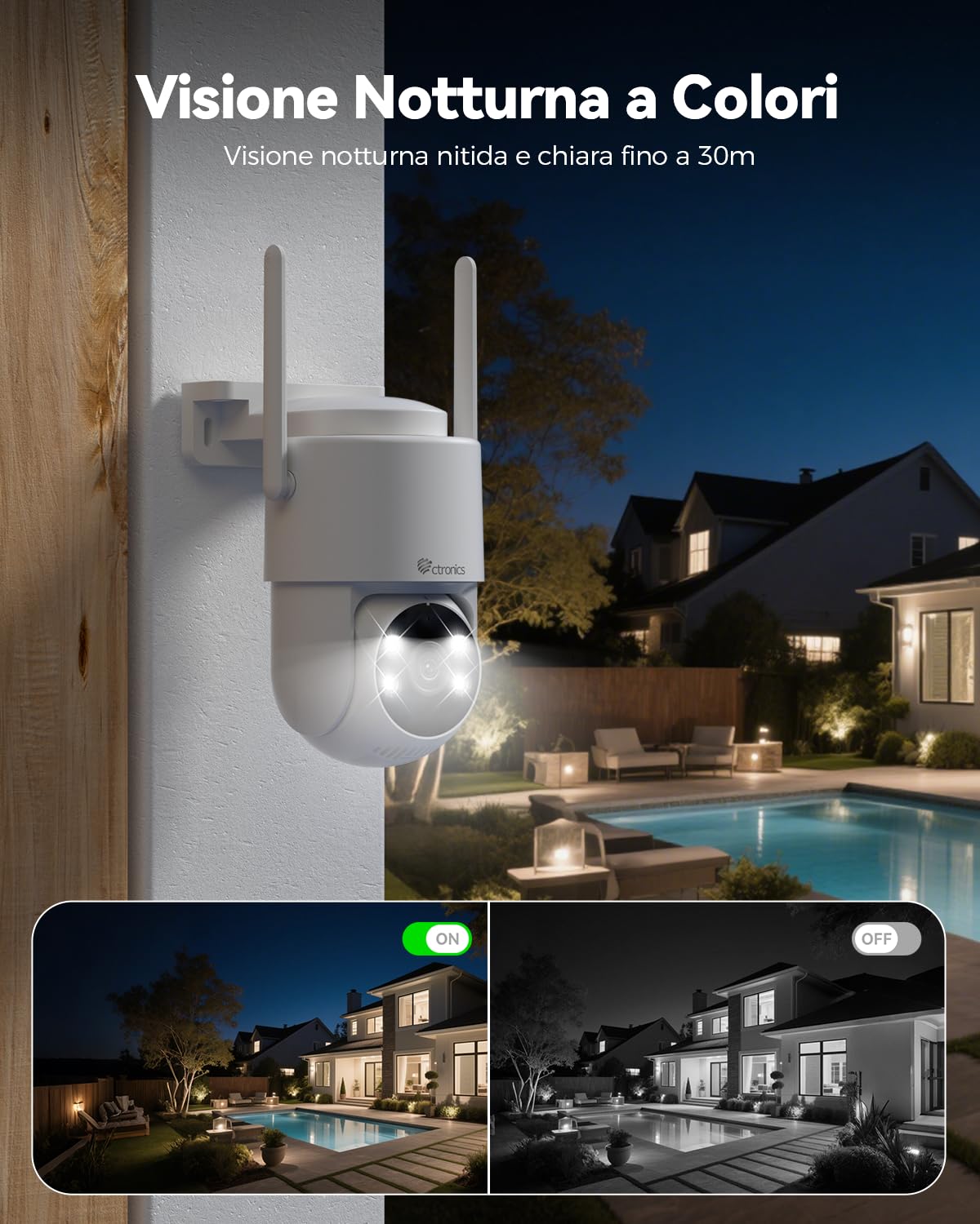Ctronics 5MP Telecamera Wi-Fi Esterno, 2,4/5Ghz WiFi PTZ Videocamera Sorveglianza Esterno con Rilevamento Persone/Veicoli/Animali con Auto Tracking, 30M Visione Notturna a Colori, PC/TF/Cloud/IP66
