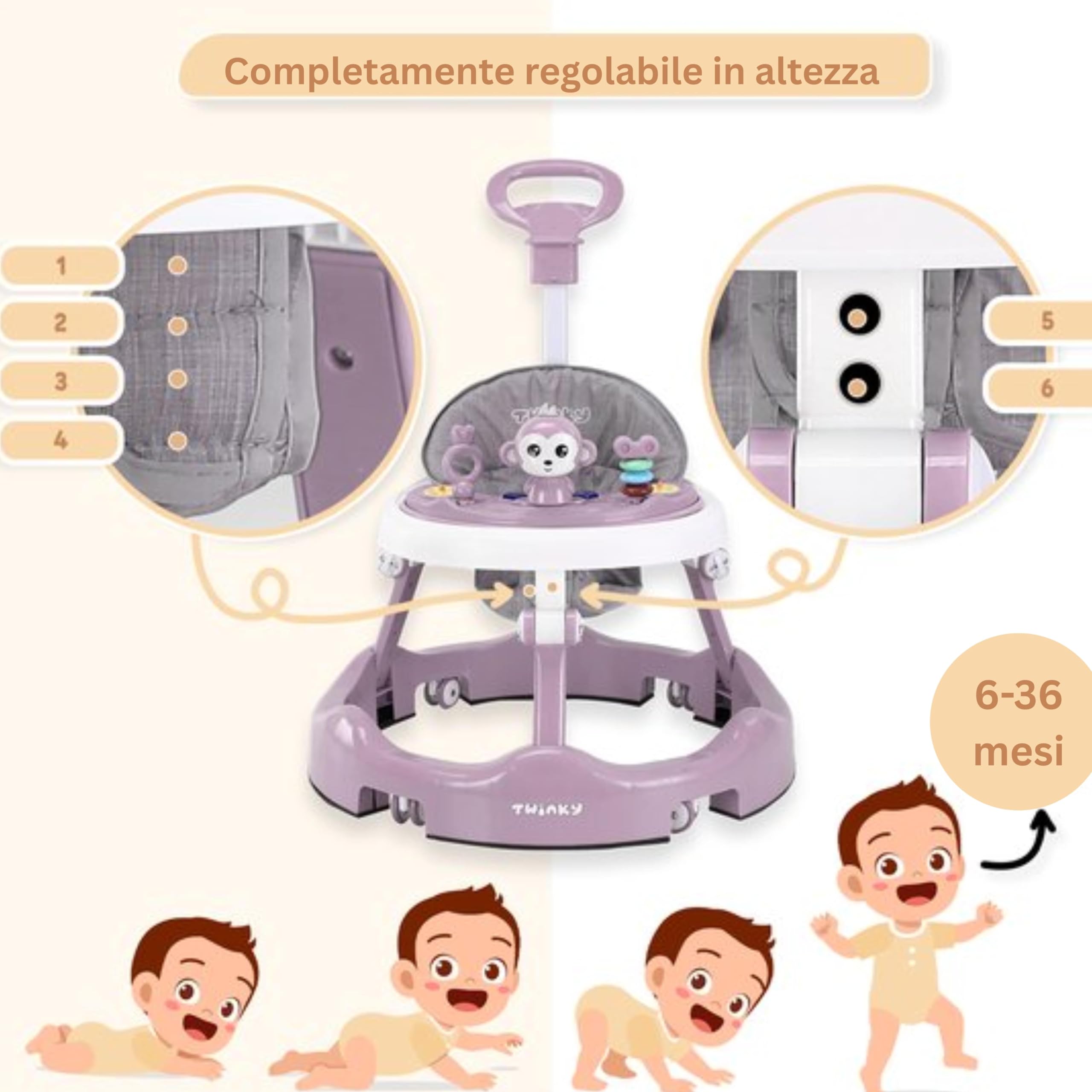 Twinky Girello Neonato 6-12 Mesi – Girello Regolabile e Sicuro per Bambini 6-18 Mesi | Design Pieghevole, Giochi Interattivi e Ruote Silenziose