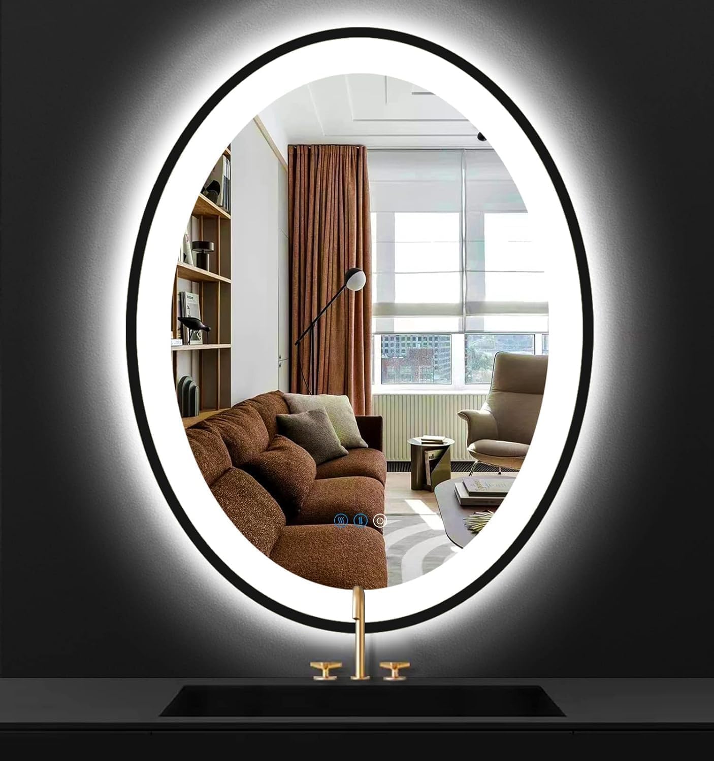 THEKLA 80 x 60cm Black Oval LED Lighted Mirror for Bathroom Wall LED Oval Light up Vanity Mirror with Lights Black Frame 800 x 600mm Anti-Fog Dimmable 3 Color Smart Touch Memory Function Front Lights