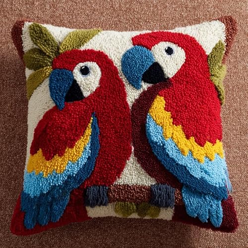 Henypt Latch Hook Craft Kit 17x17 Inch,Cartoon Parrot Complete Embroidery Cushion Kit,Creative Craft Stress Relief Handmade Gift for Beginners