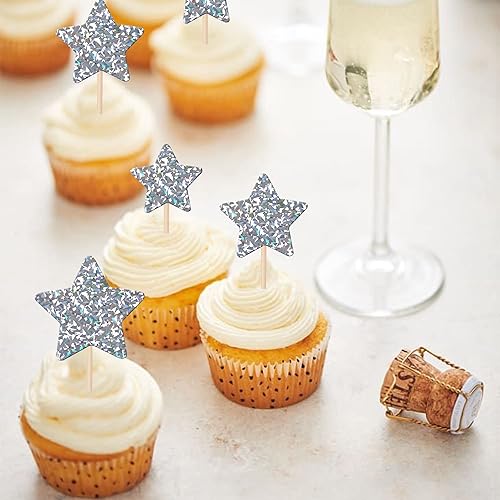 Miniatura 3 de 30 piezas plateadas de estrella pequeña para cupcakes con purpurina de estrellas centelleantes, decoración de pasteles de despedida de soltera,
