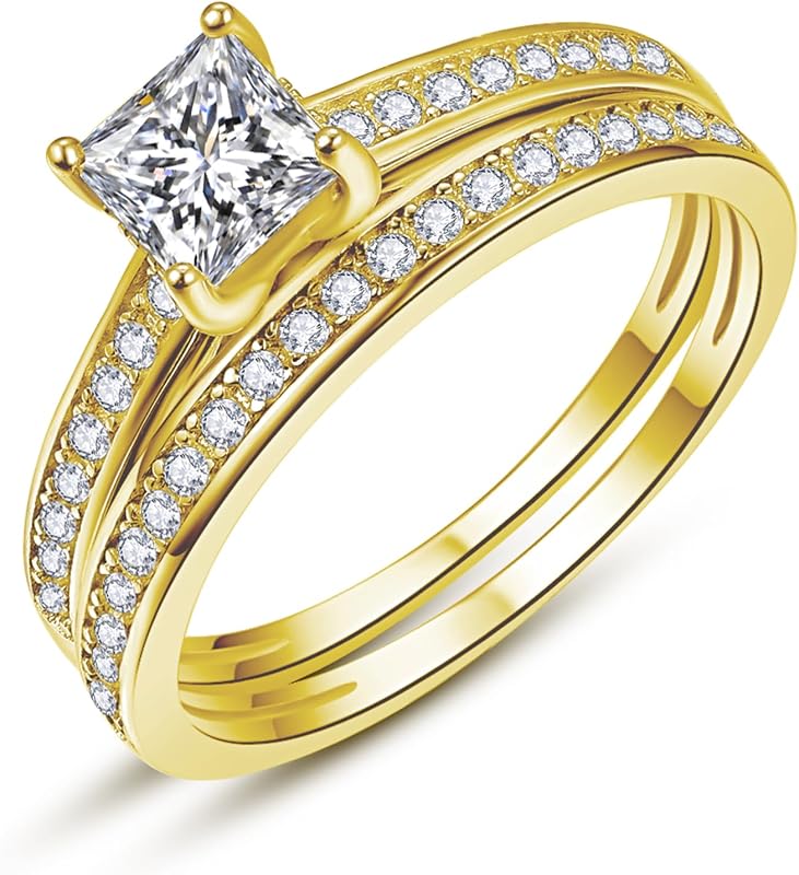AVECON Juego de anillos de compromiso de talla princesa de 1,35 quilates para mujer, circonita cúbica 5A