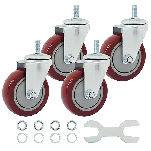 Miniatura 23 de Finnhomy Ruedas giratorias con vástago roscado de 4 pulgadas, juego de 4 ruedas resistentes de 3/8"-16 x 1 con freno, ruedas industriales de bloqueo