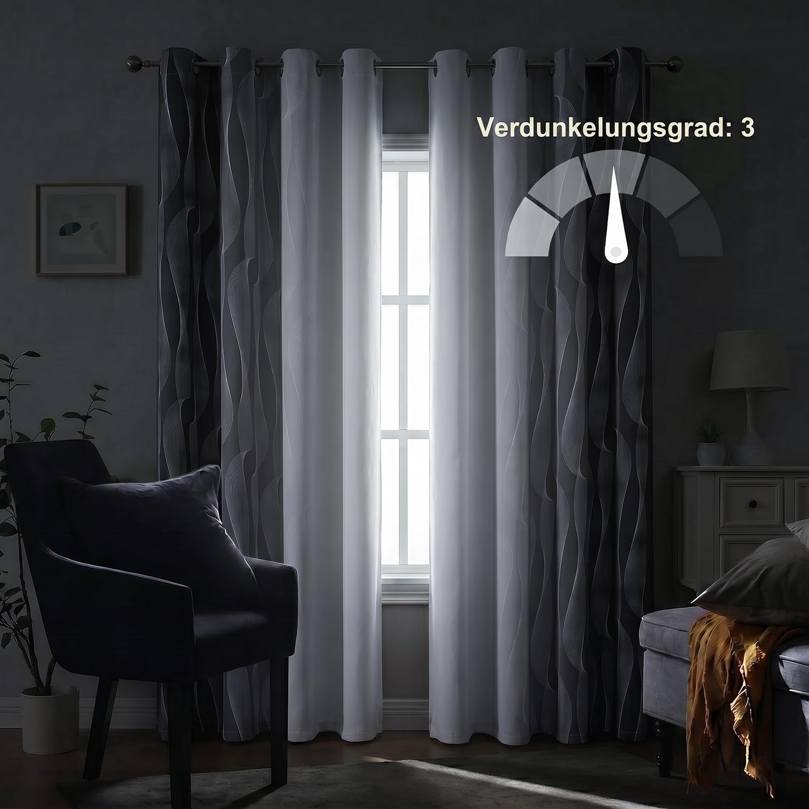 Tende oscuranti ombré grigio sfumato e bianco, H260 x L140 cm, 2 pannelli con occhielli, motivo a onde, oscuramento 80-90%, soggiorno camera ufficio