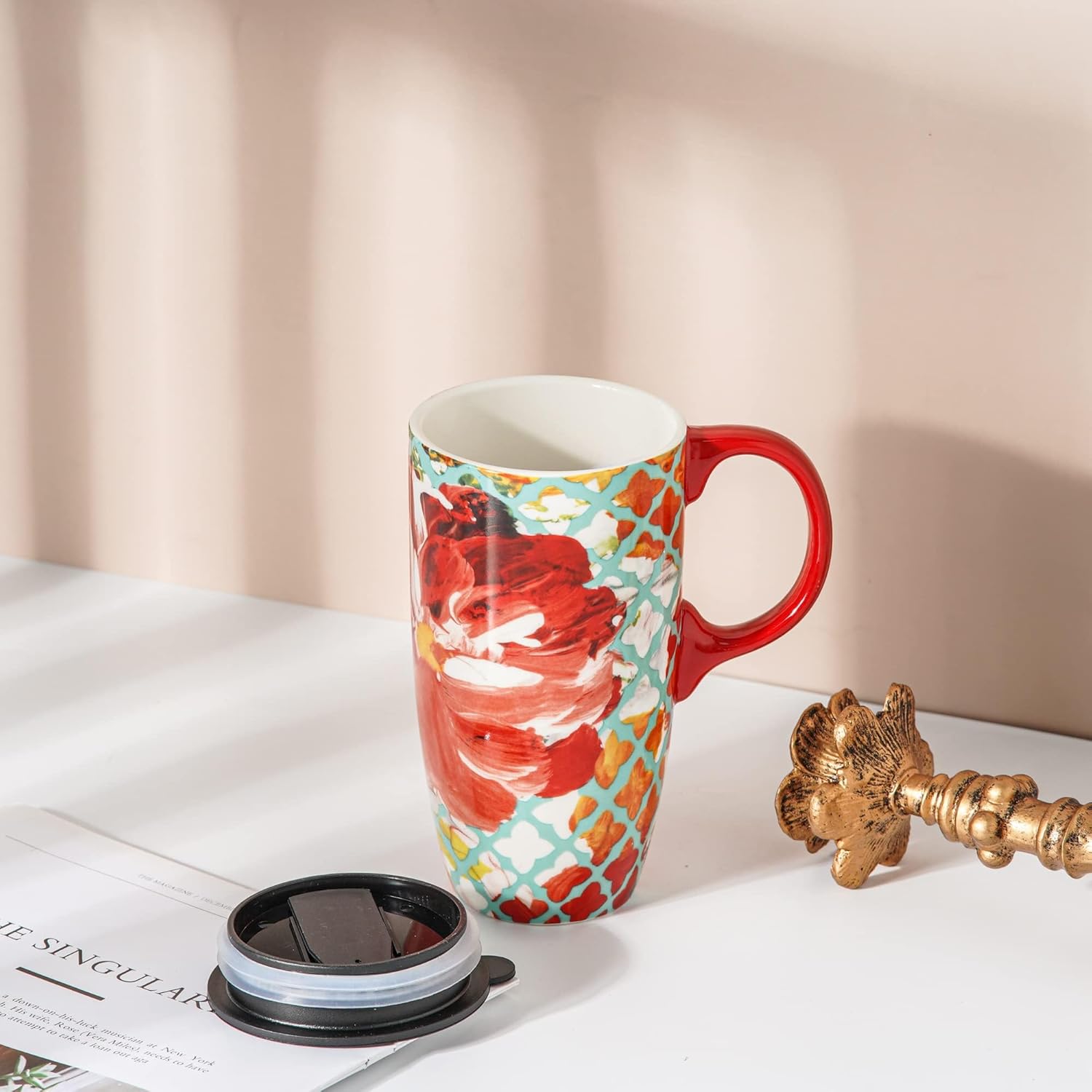 Topadorn Coffee Ceramic Mug Porcelain Latte Tea Cup With Lid 17oz., Break Free - Image 3