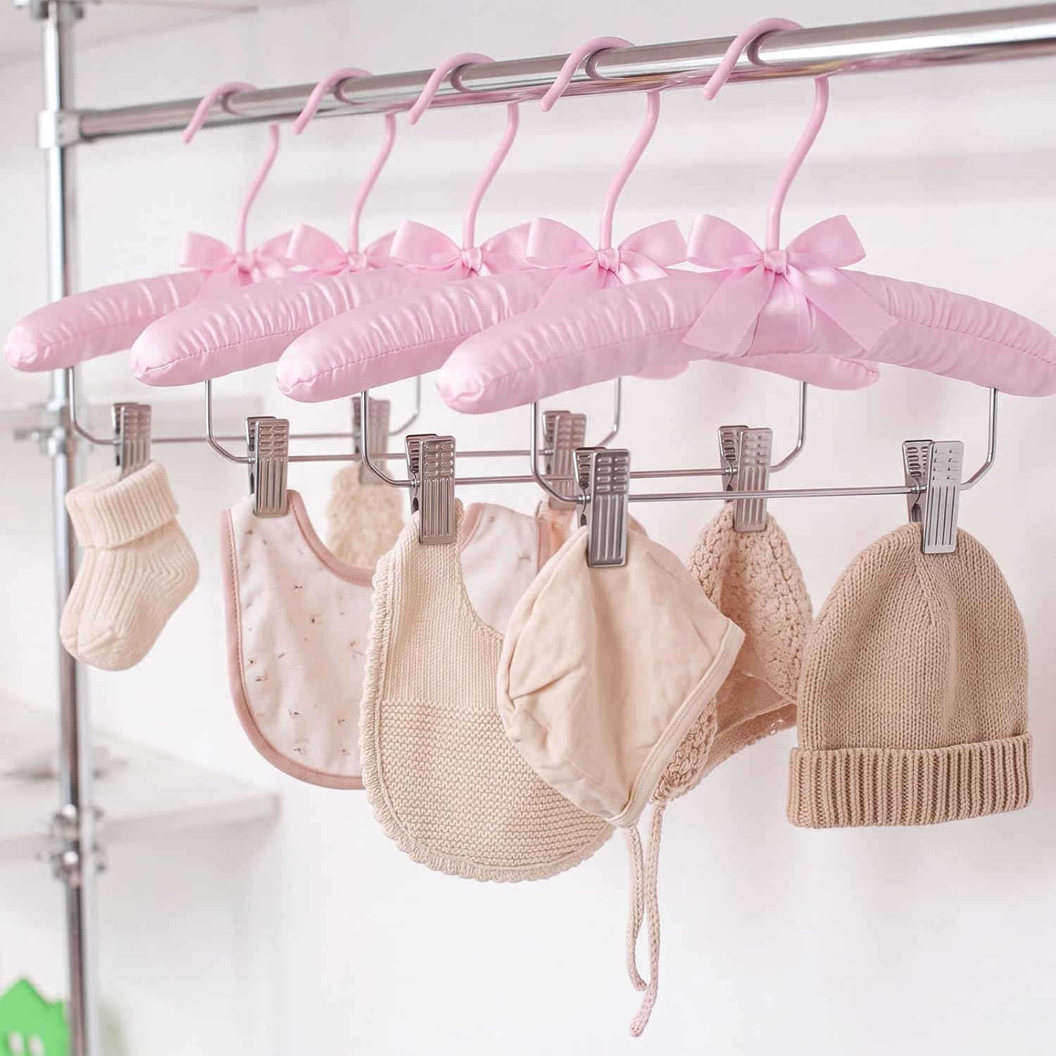 Novabright 10 Pcs 10" Baby Satin Padded Hangers with Metal Clips, Pink